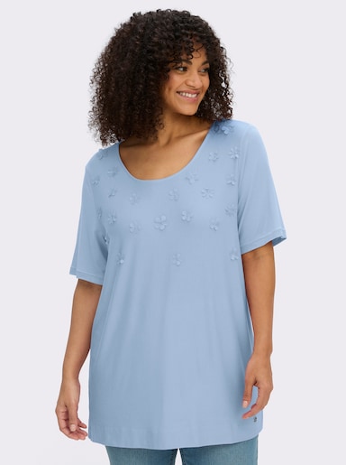 sheego Shirt mit 3D-Blütenapplikationen - eisblau