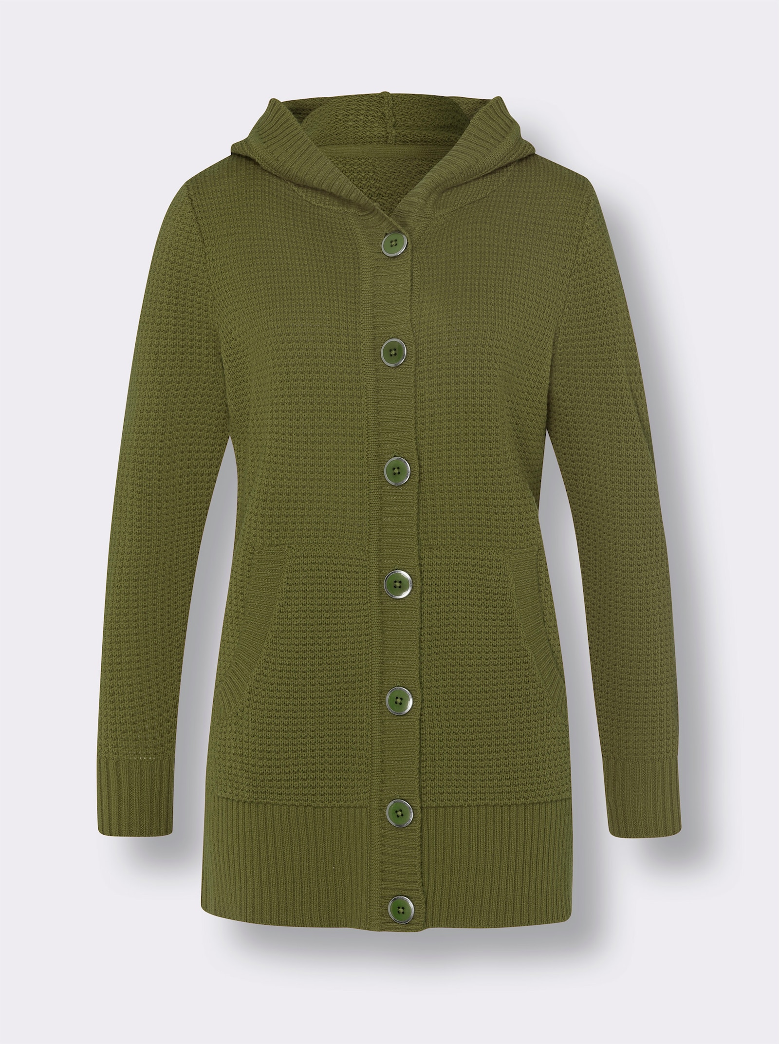 Kapuzenstrickjacke mit Känguru-Taschen - oliv