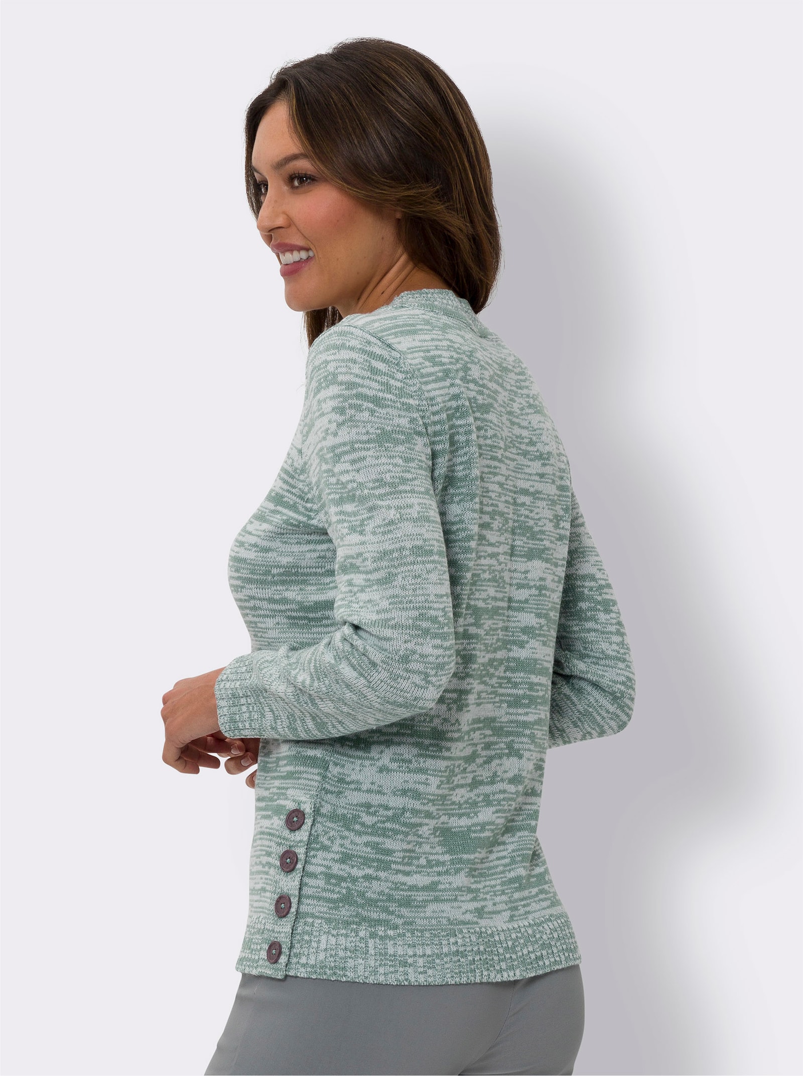 Svetr s kulatým výstřihem a ozdobnými knoflíky z imitace dřeva - nefritová-ecru-melír