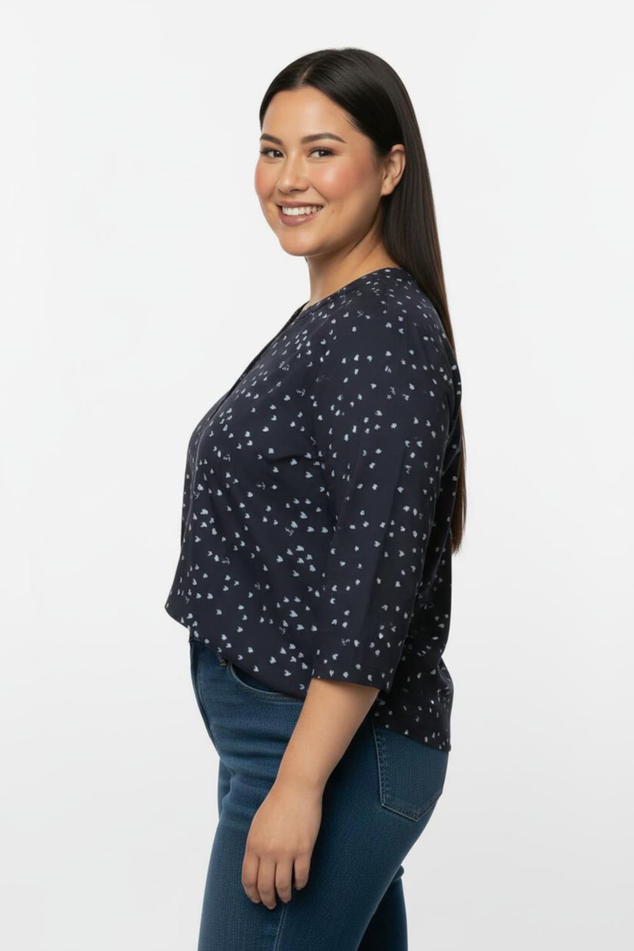 Schlupfbluse mit 3/4-Ärmeln - marine-ecru-bedruckt