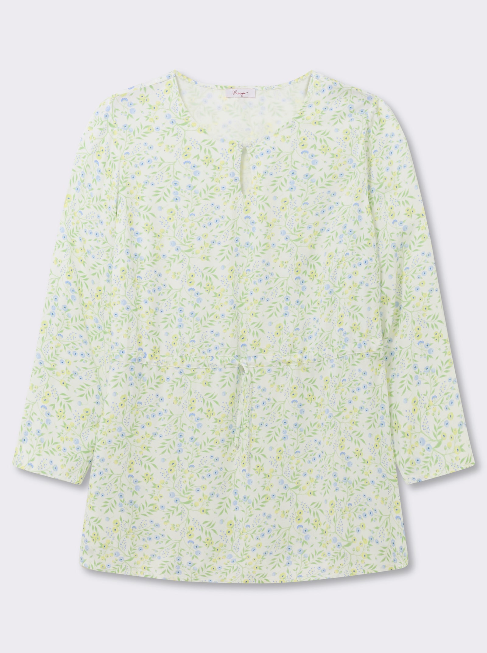 sheego Tunika mit Blumenprint und Taillen-Gummizug - ecru-eisblau-gemustert