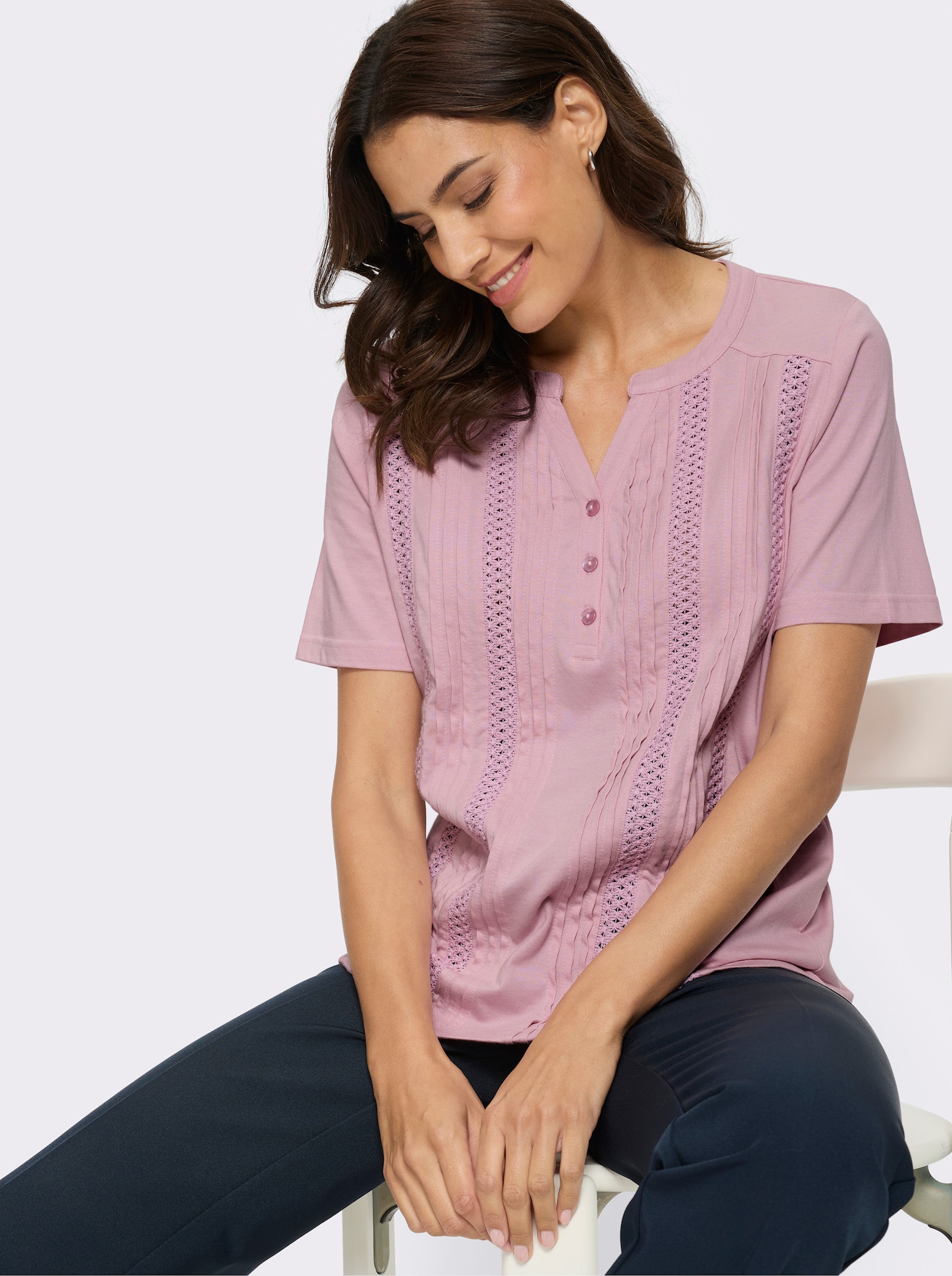 Kurzarmshirt mit glattem Rückenteil - rosé