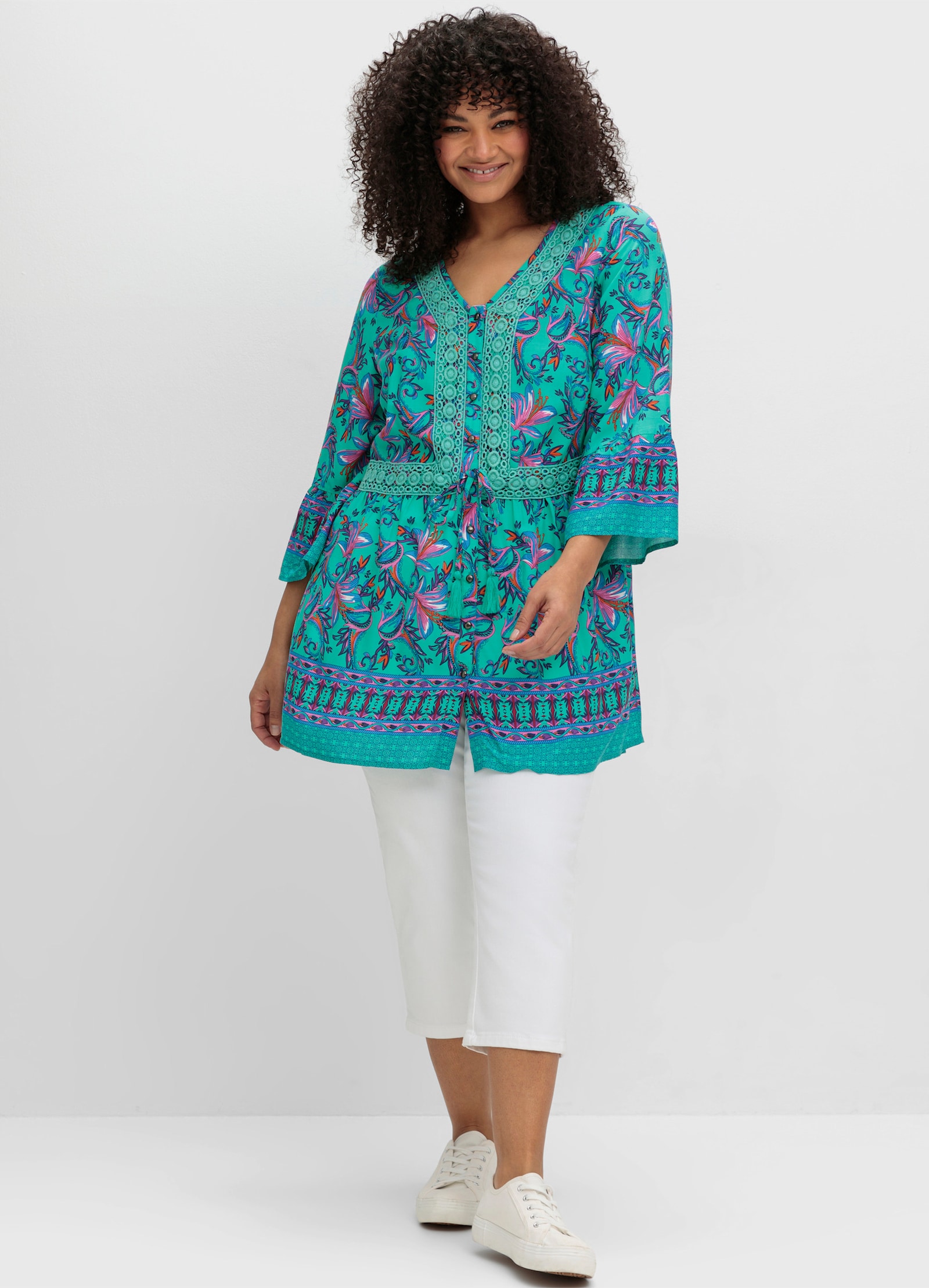 sheego by Joe Browns Longbluse im Boho-Look, mit Trompetenärmeln - aqua-gemustert