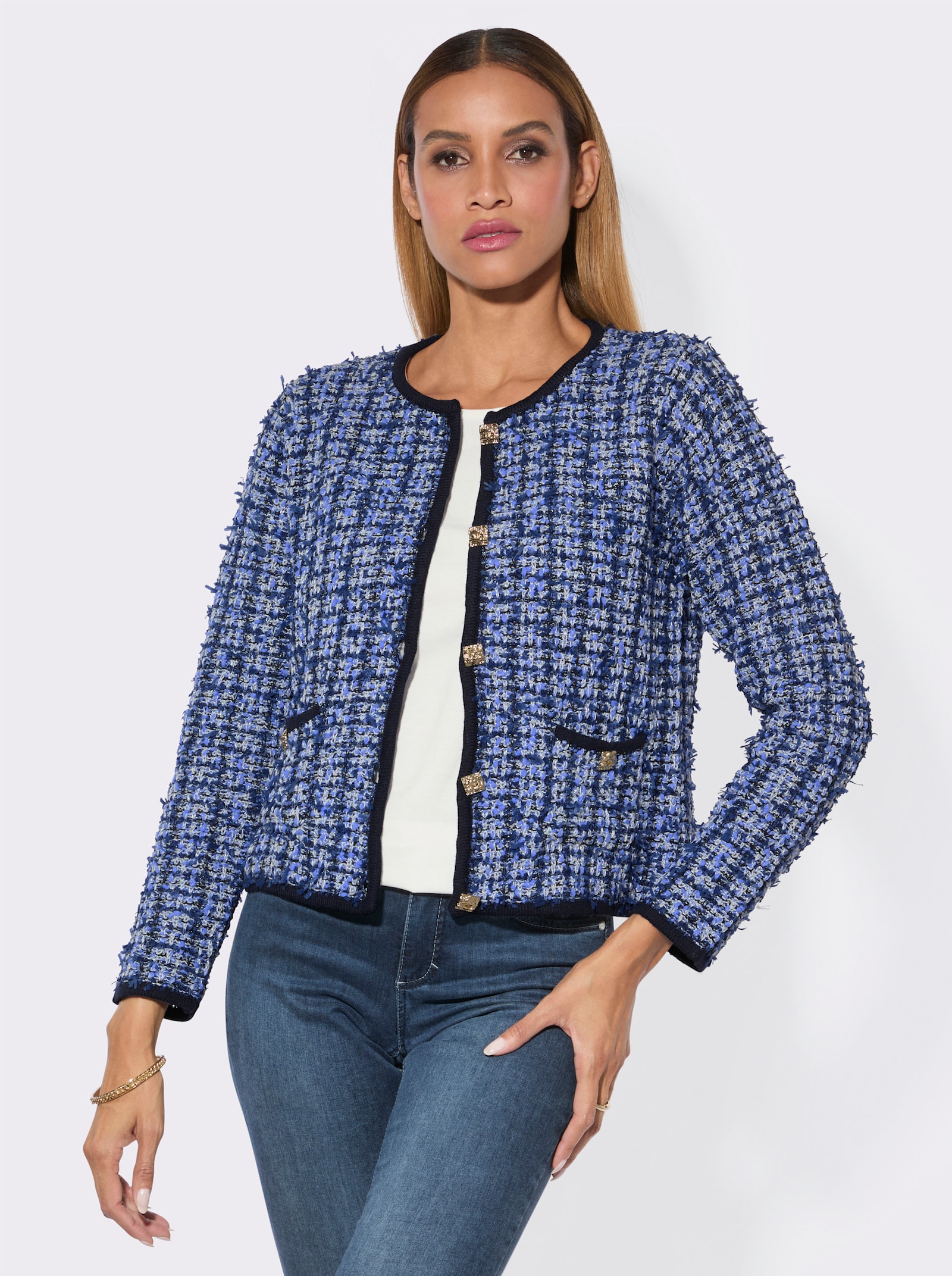 Cardigan in Bouclé-Optik - royalblau-weiß-gemustert