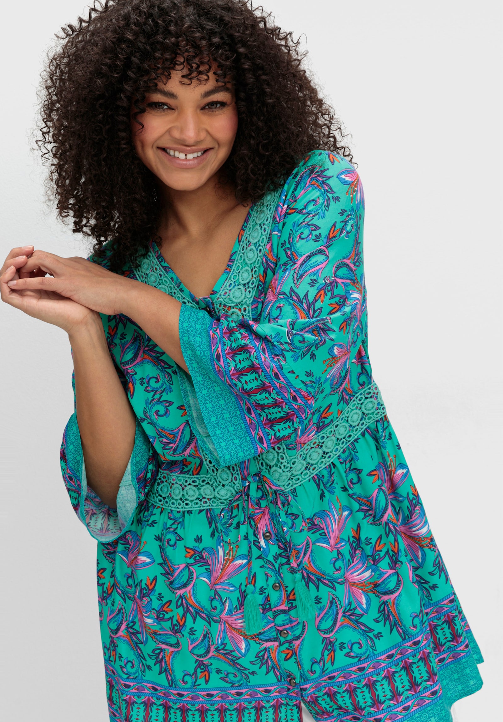 sheego by Joe Browns Longbluse im Boho-Look, mit Trompetenärmeln - aqua-gemustert