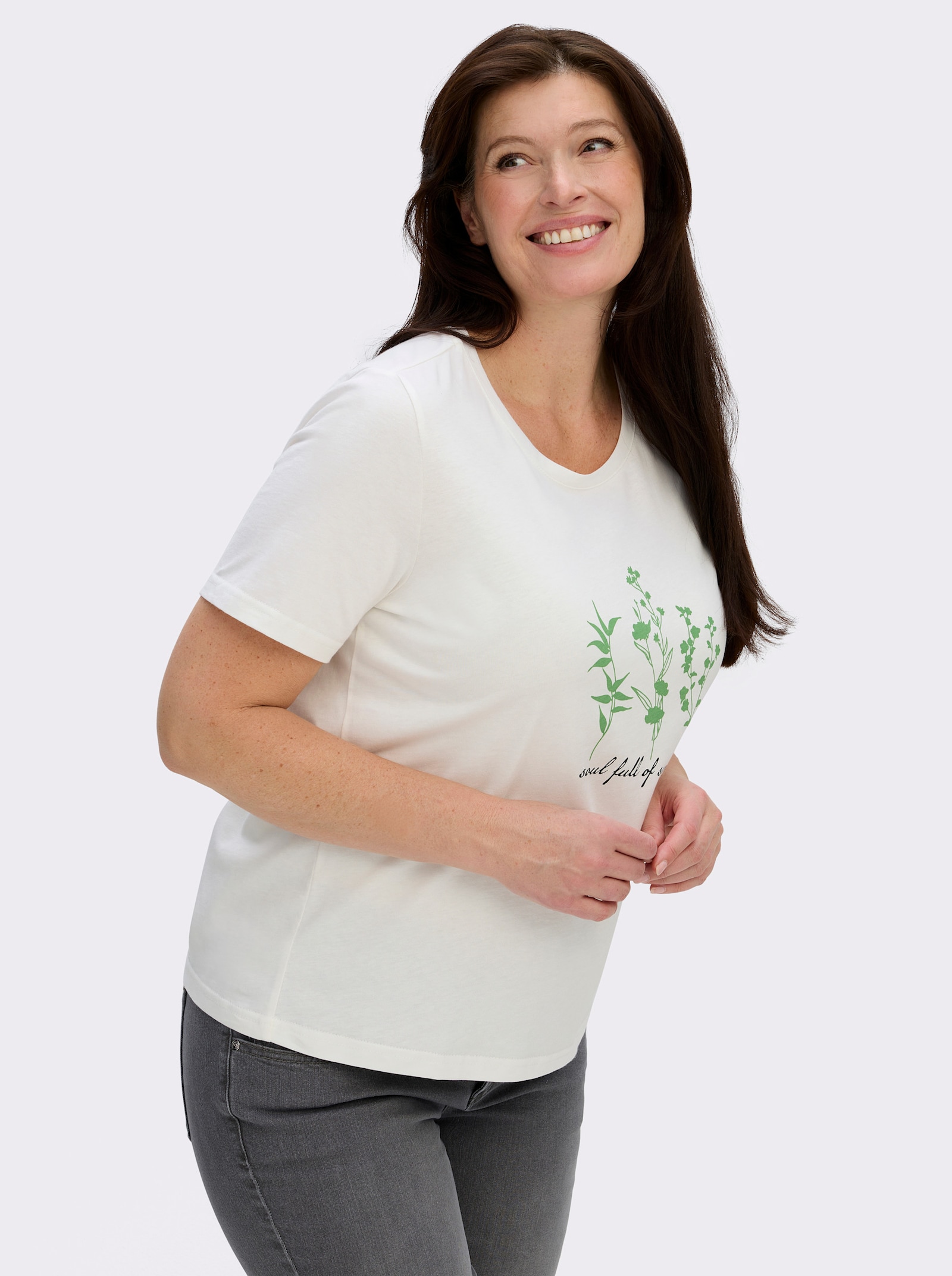 Kurzarmshirt mit floralem Motiv - ecru-apfel-bedruckt