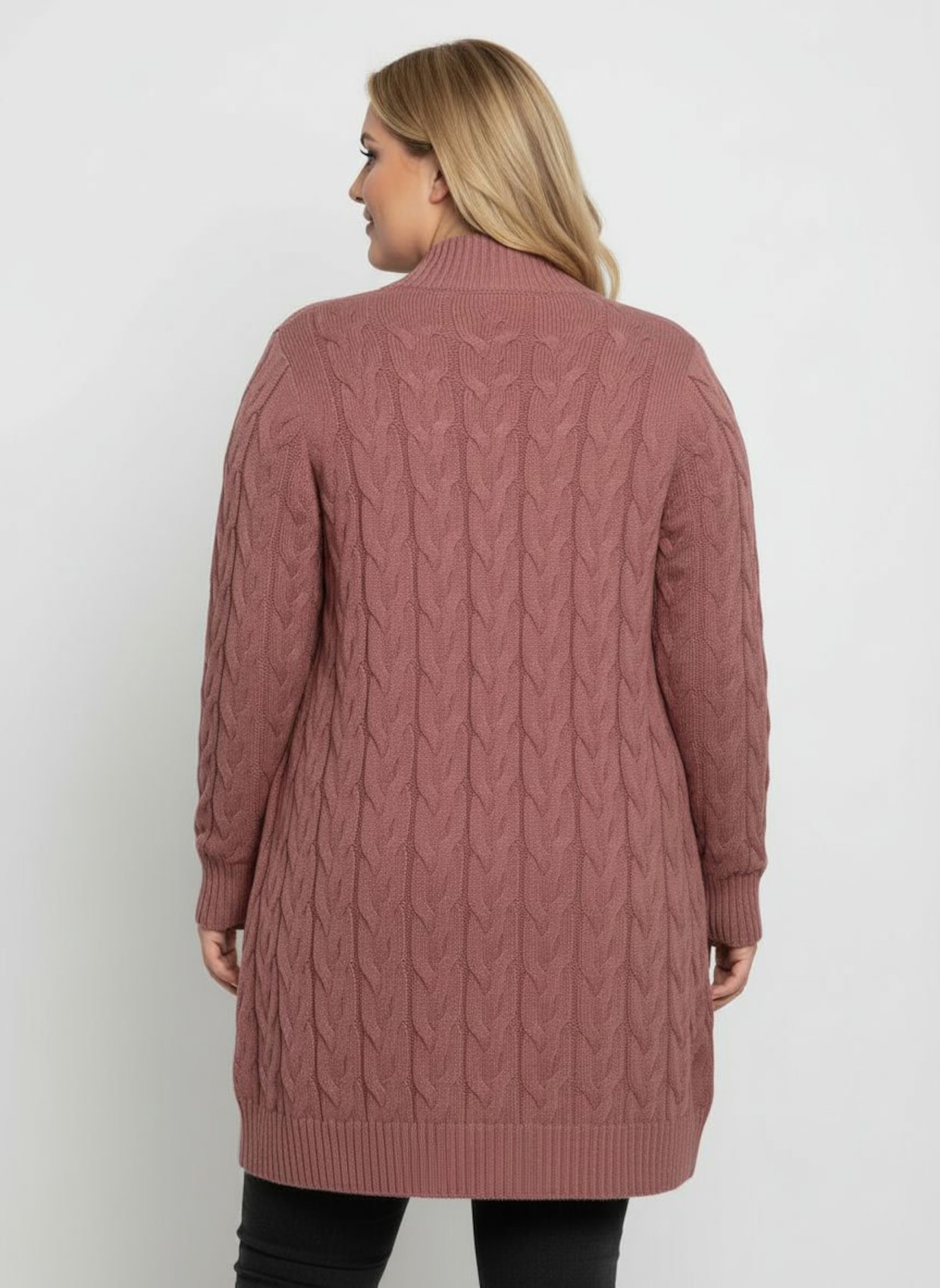 Longstrickjacke mit Zopfmuster - rosenholz