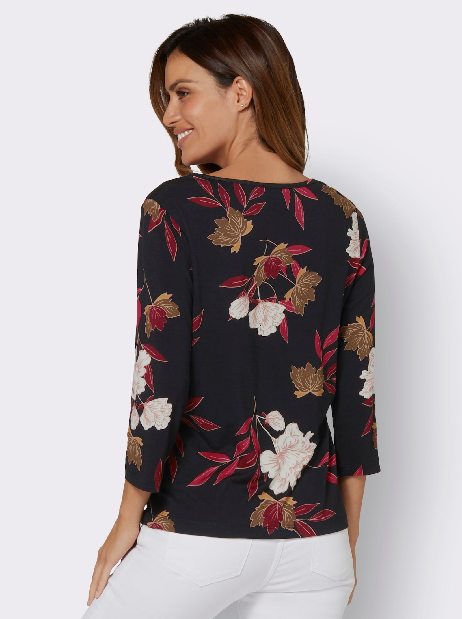 Print-Shirt mit floralem Muster - dunkelrot-ocker-bedruckt