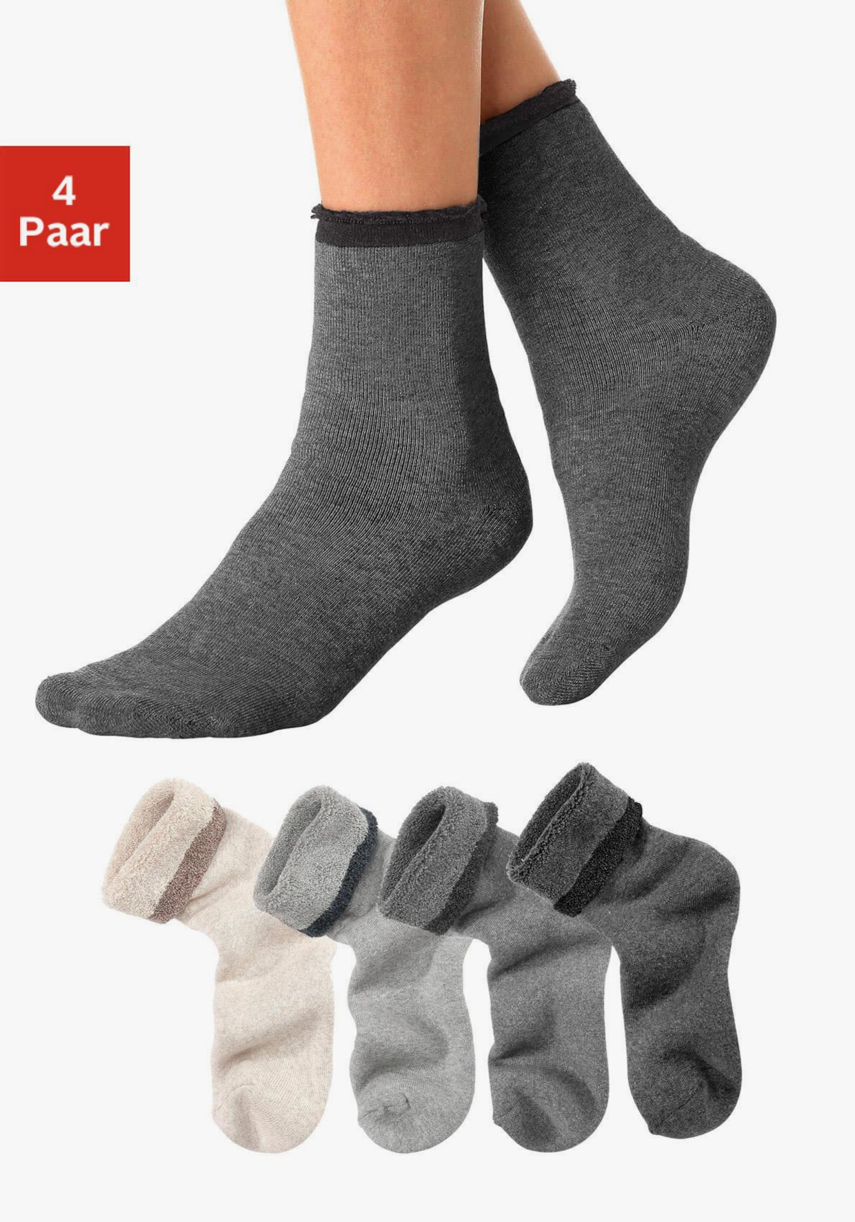 Lavana Kuschelsocken - 1x beige, 1x grau, 1x hellgrau, 1x anthrazit