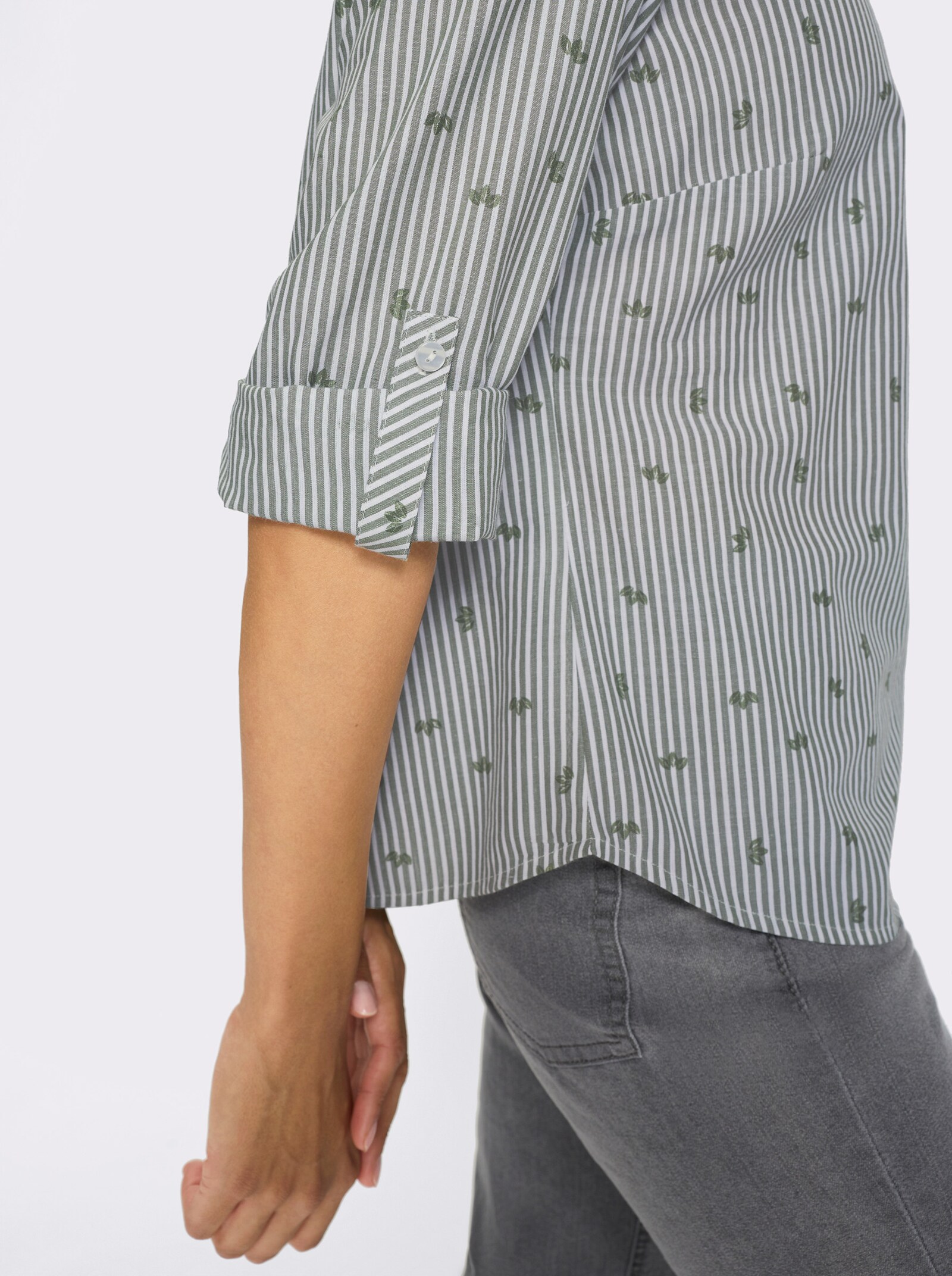 Baumwollbluse mit Krempel-Ärmeln - khaki-gestreift