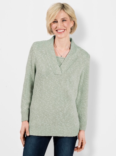 V-Ausschnitt-Pullover in 2-in-1-Optik - kalkmint-meliert