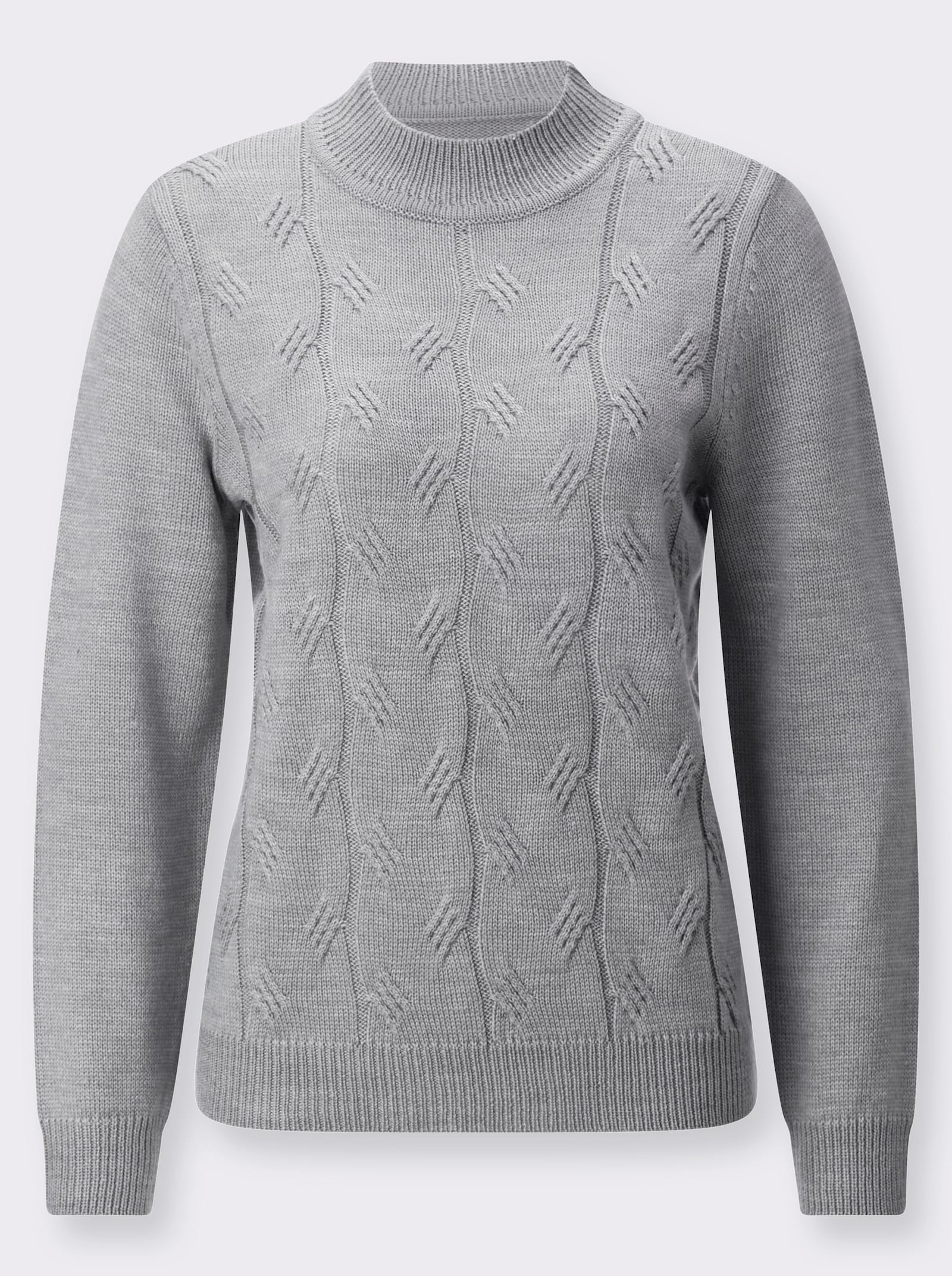 Stehkragenpullover mit Zopfmuster - steingrau-meliert