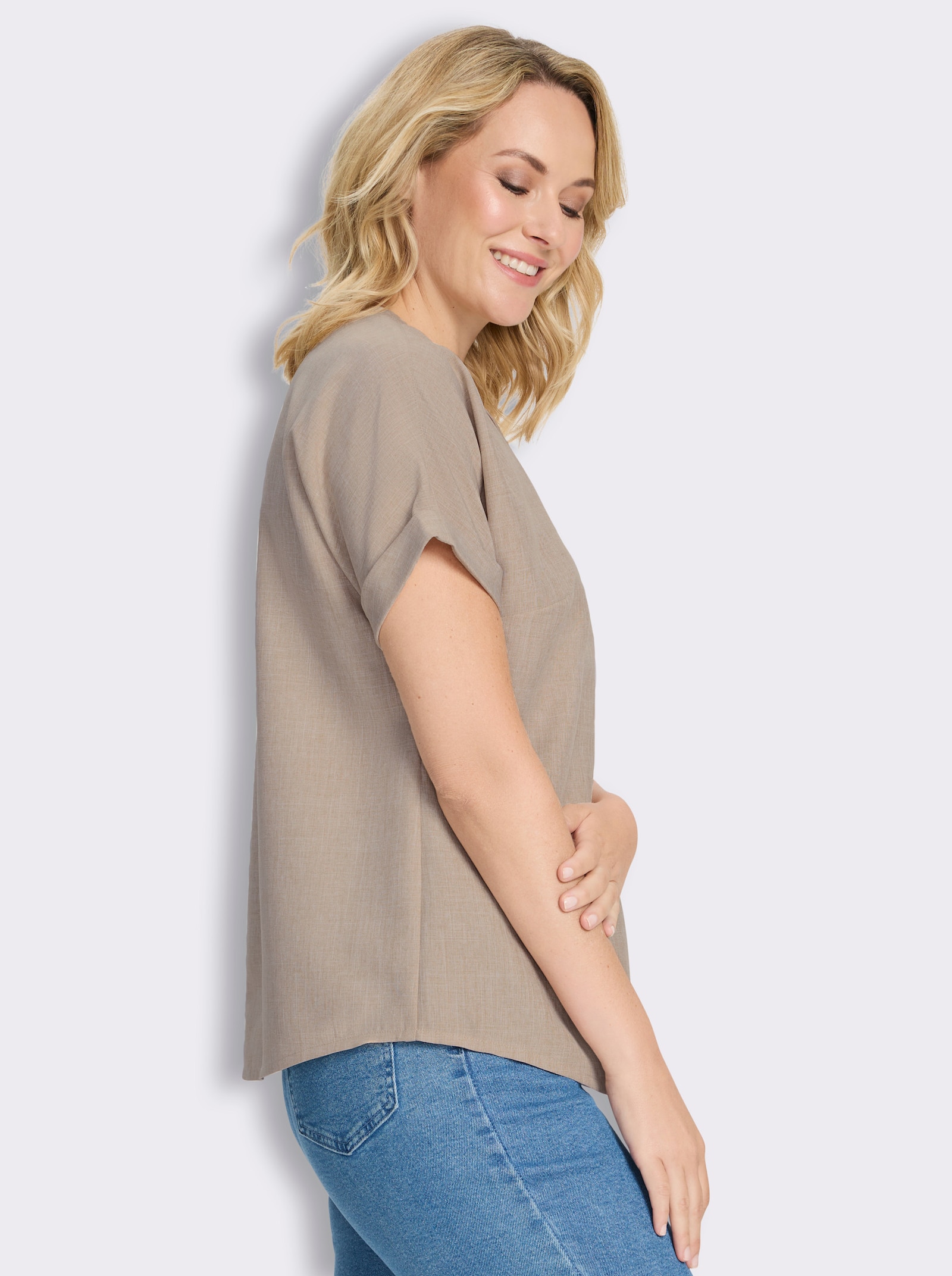 Schlupfbluse mit Knöpfen in Holz-Optik - beige