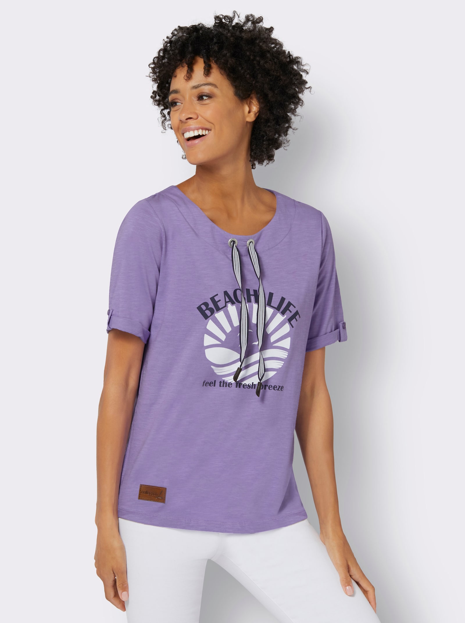 Rundhalsshirt mit Druckmotiv - lavendel-ecru-bedruckt