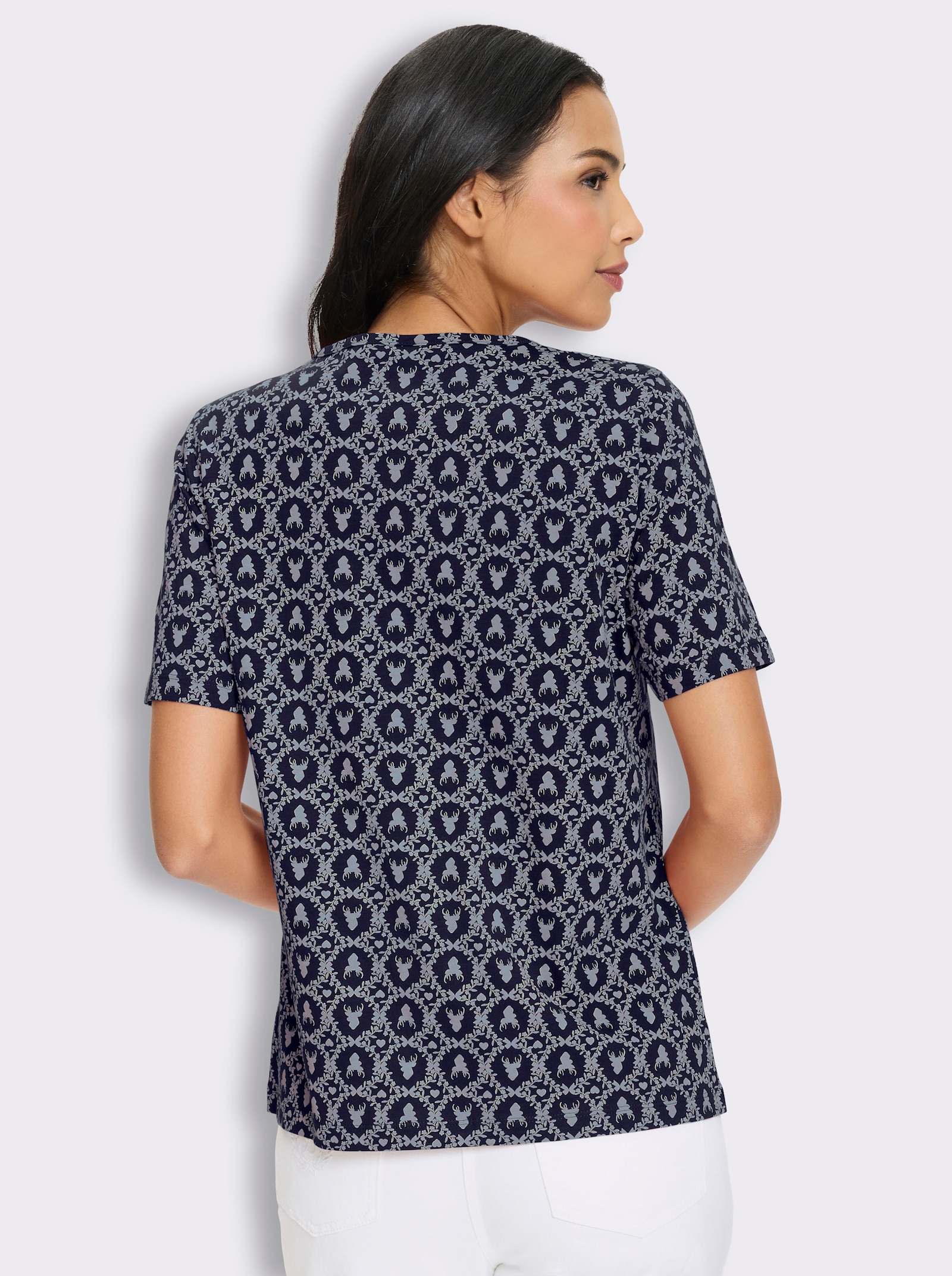 Kurzarmshirt mit Trachten-Print - marine-hellblau-bedruckt