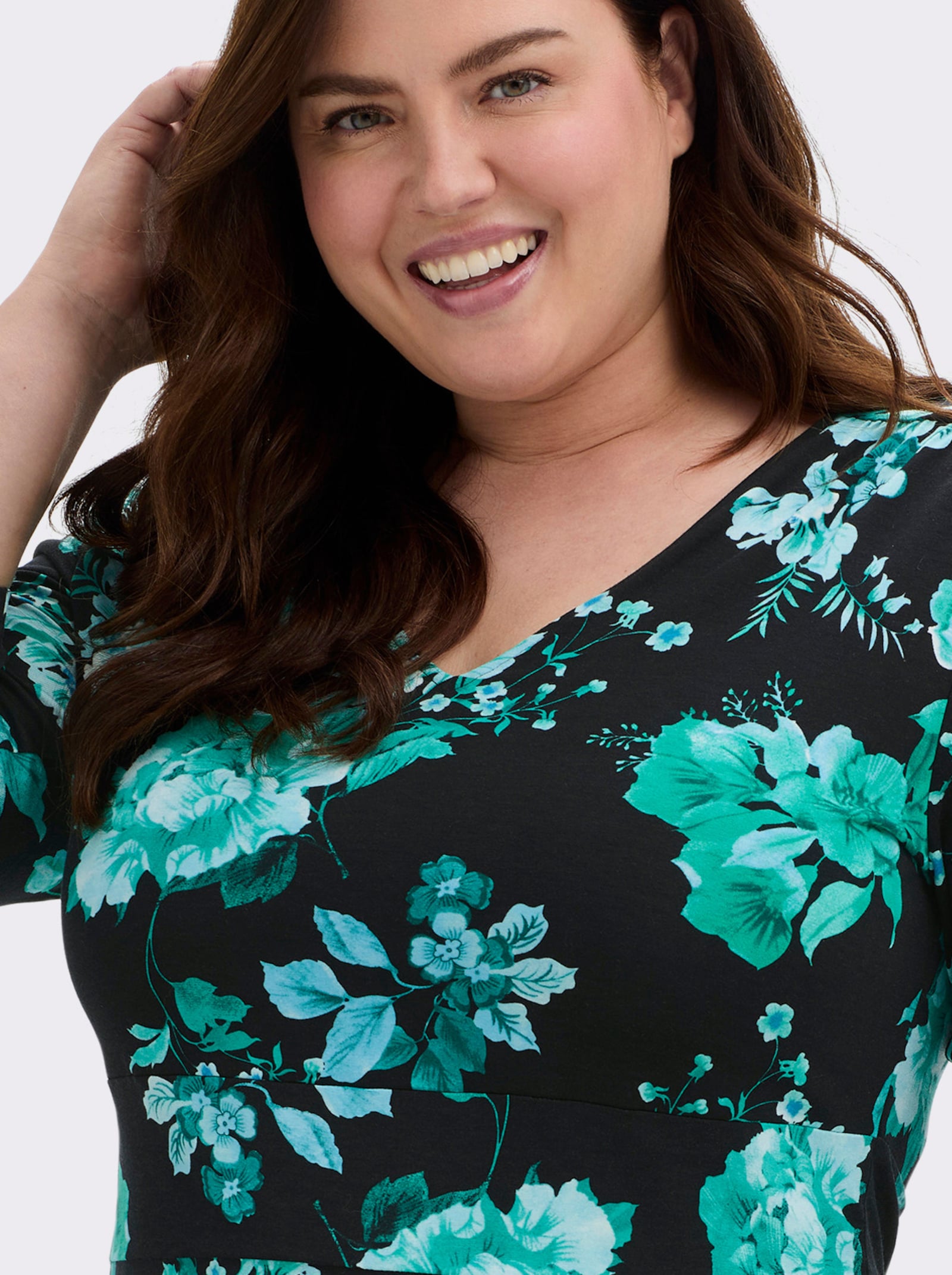 sheego by Joe Browns Jerseykleid mit V-Auschnitt und weitem Rockteil - schwarz-bedruckt