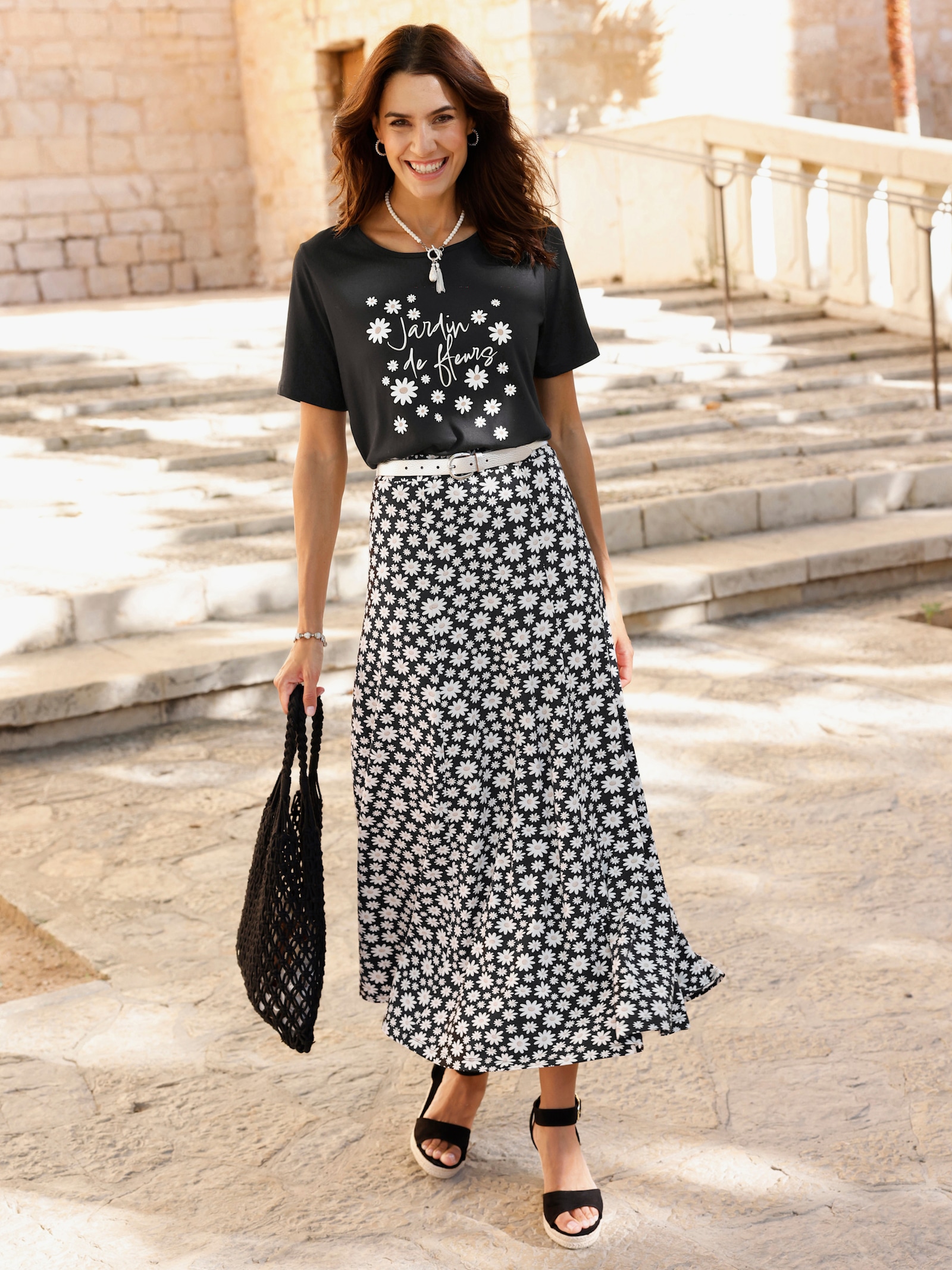 Jerseyrock in fließender Qualität - schwarz-ecru-bedruckt