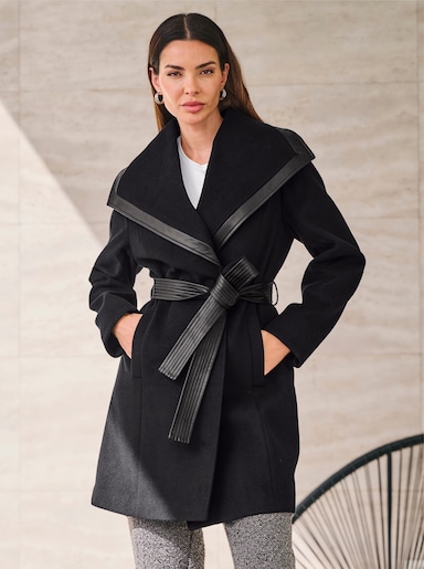 heine Kurzmantel mit Lederimitat-Akzente - schwarz