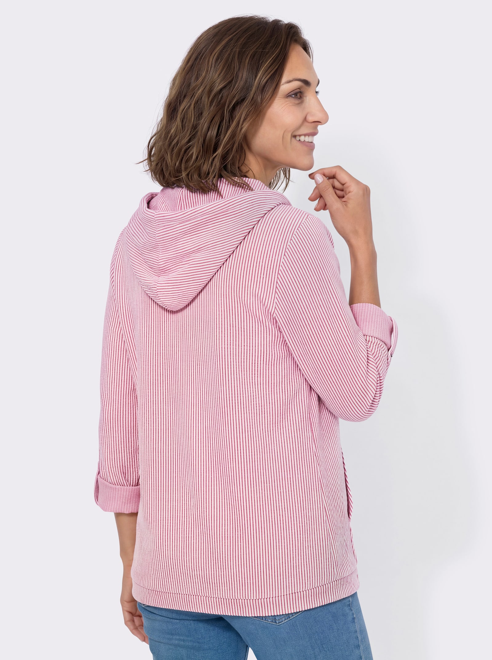 Sweatjacke mit Känguru-Tasche - fuchsia-ecru-gestreift