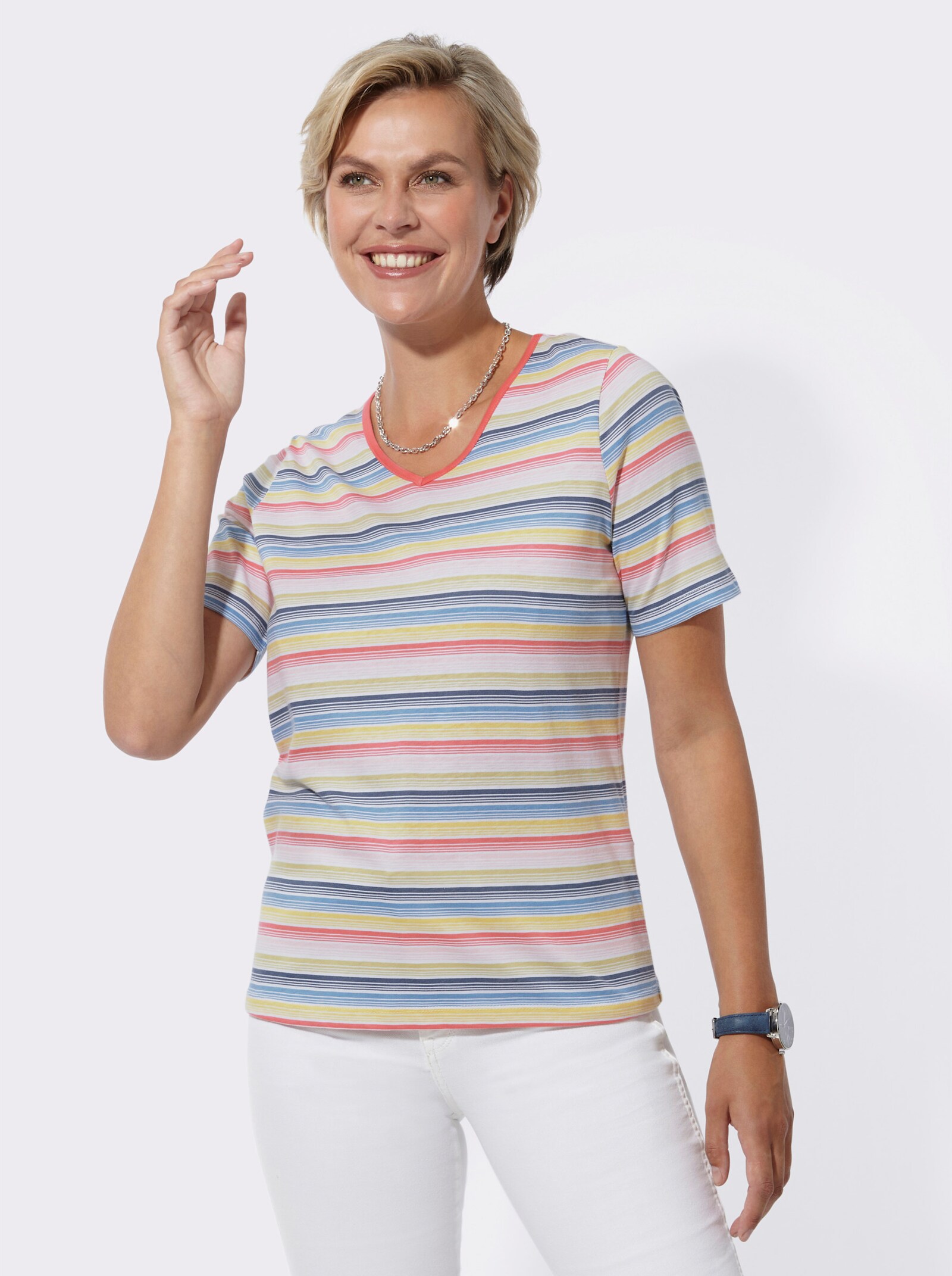 Ringelshirt mit V-Ausschnitt, paspeliert - flamingo-rauchblau-geringelt