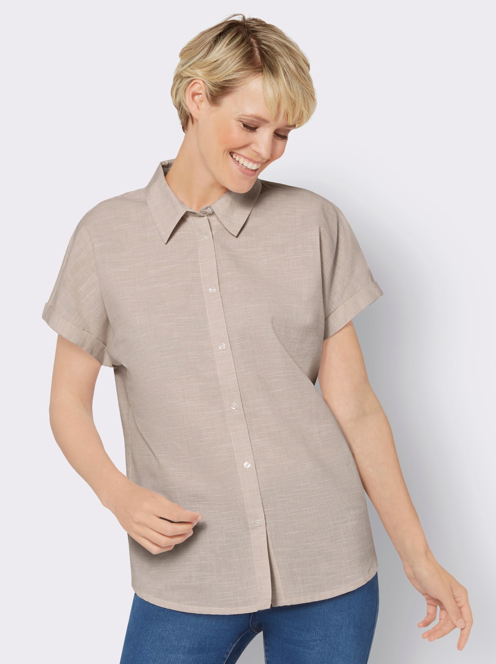 Kurzarm-Bluse mit abgerundetem Saum - beige-ecru-gemustert
