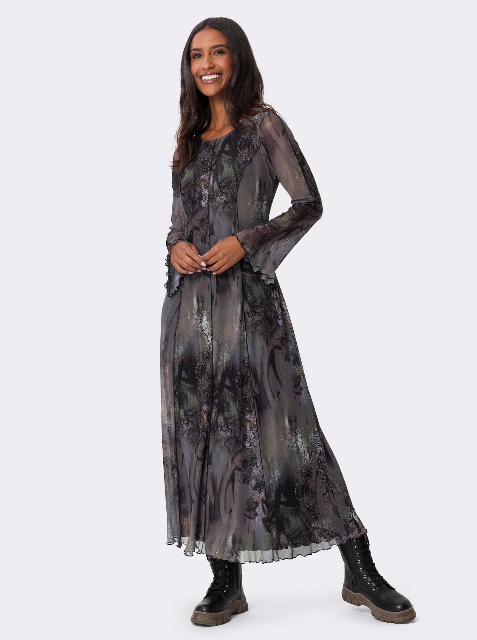 heine Druckkleid mit Ziernähten - dunkeltaupe-schwarz-bedruckt