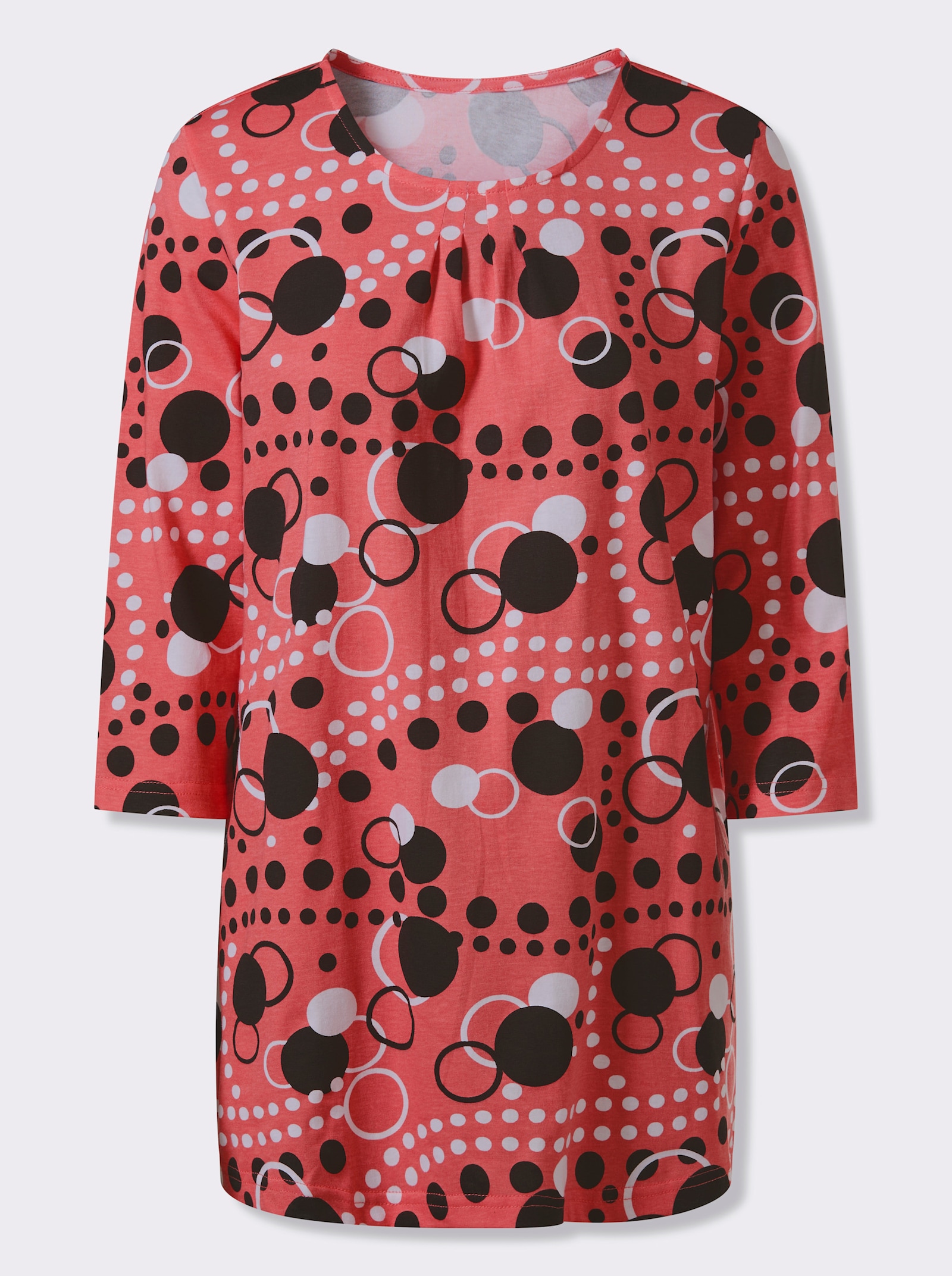 Lang shirt in licht uitlopend model - koraal/zwart geprint