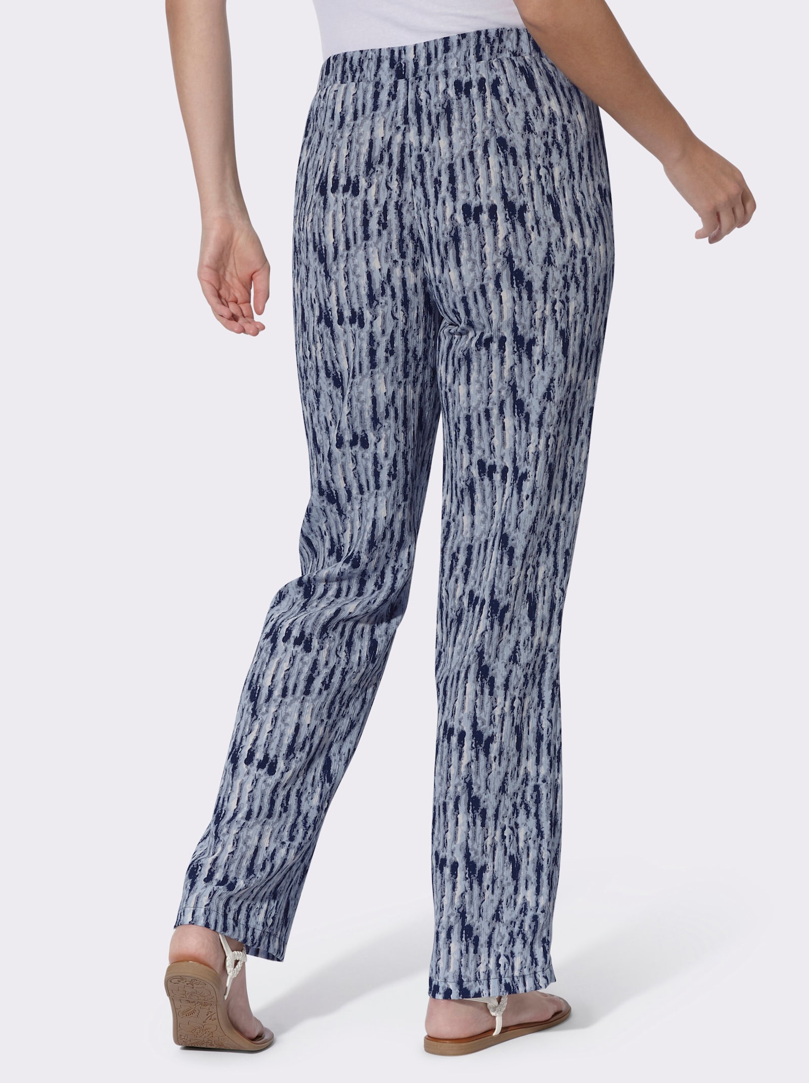 Comfortbroek met wijde pijpen - marine + duifblauw/ecru bedrukt