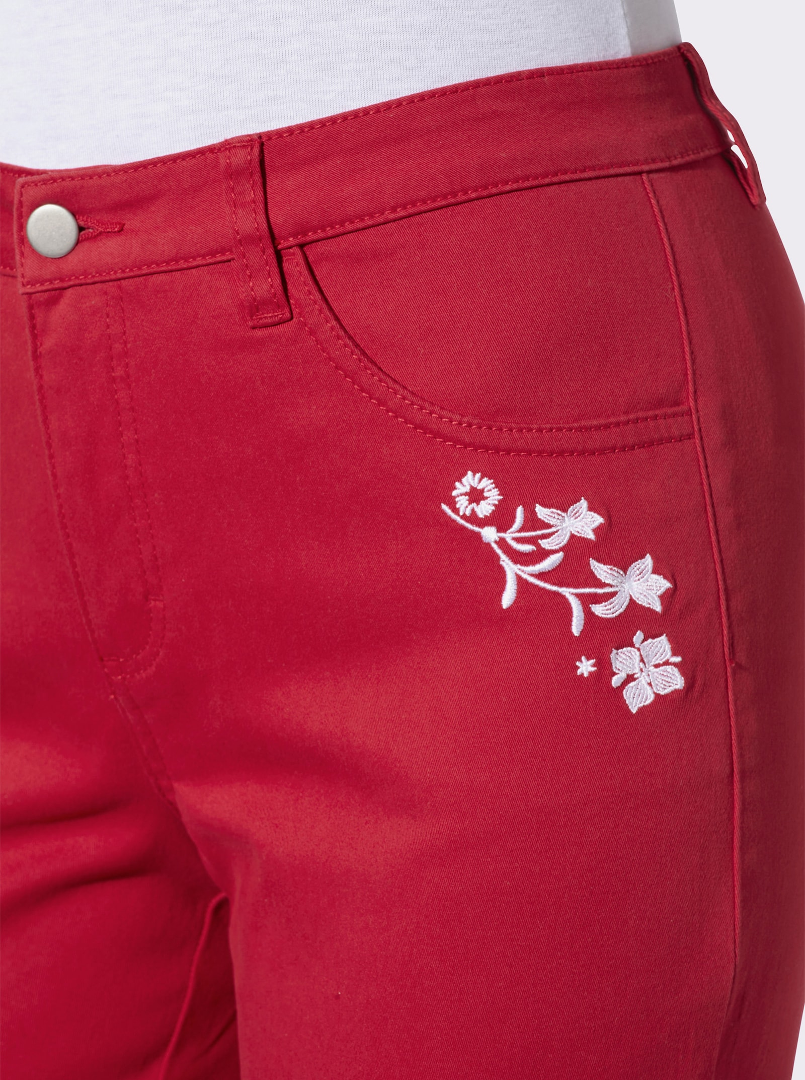 7/8 džíny s květinovou výšivkou - červená