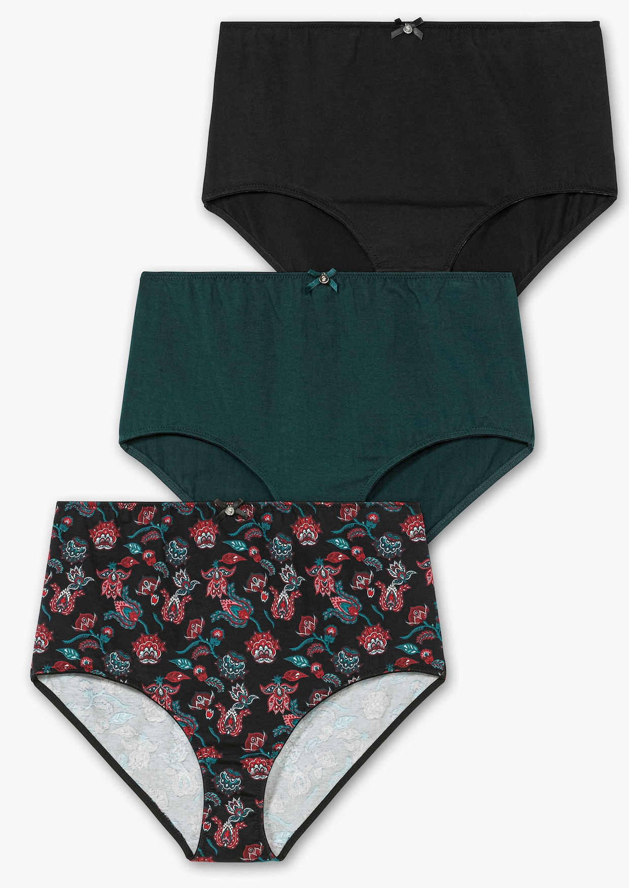 sheego Lot de 3 slips avec nœud décoratif devant - noir+vert+imprimé