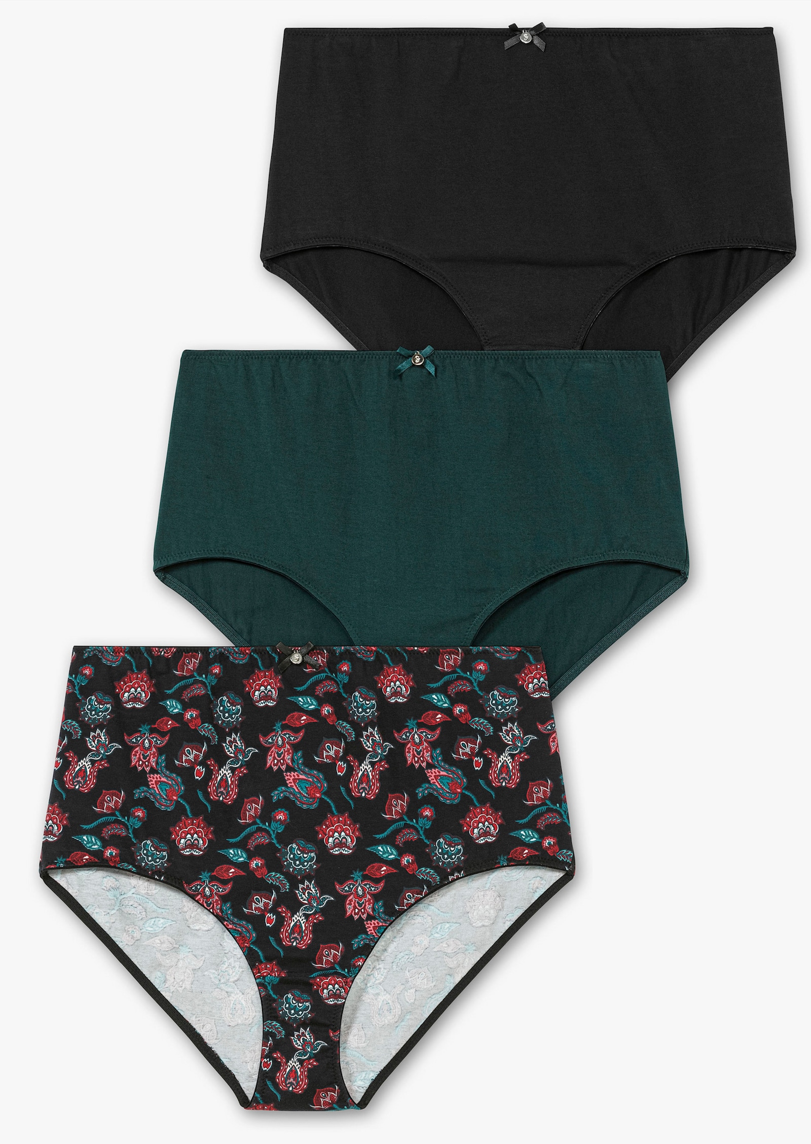 sheego Slip im 3er Pack, mit Zierschleife vorne - schwarz+grün+bedruckt