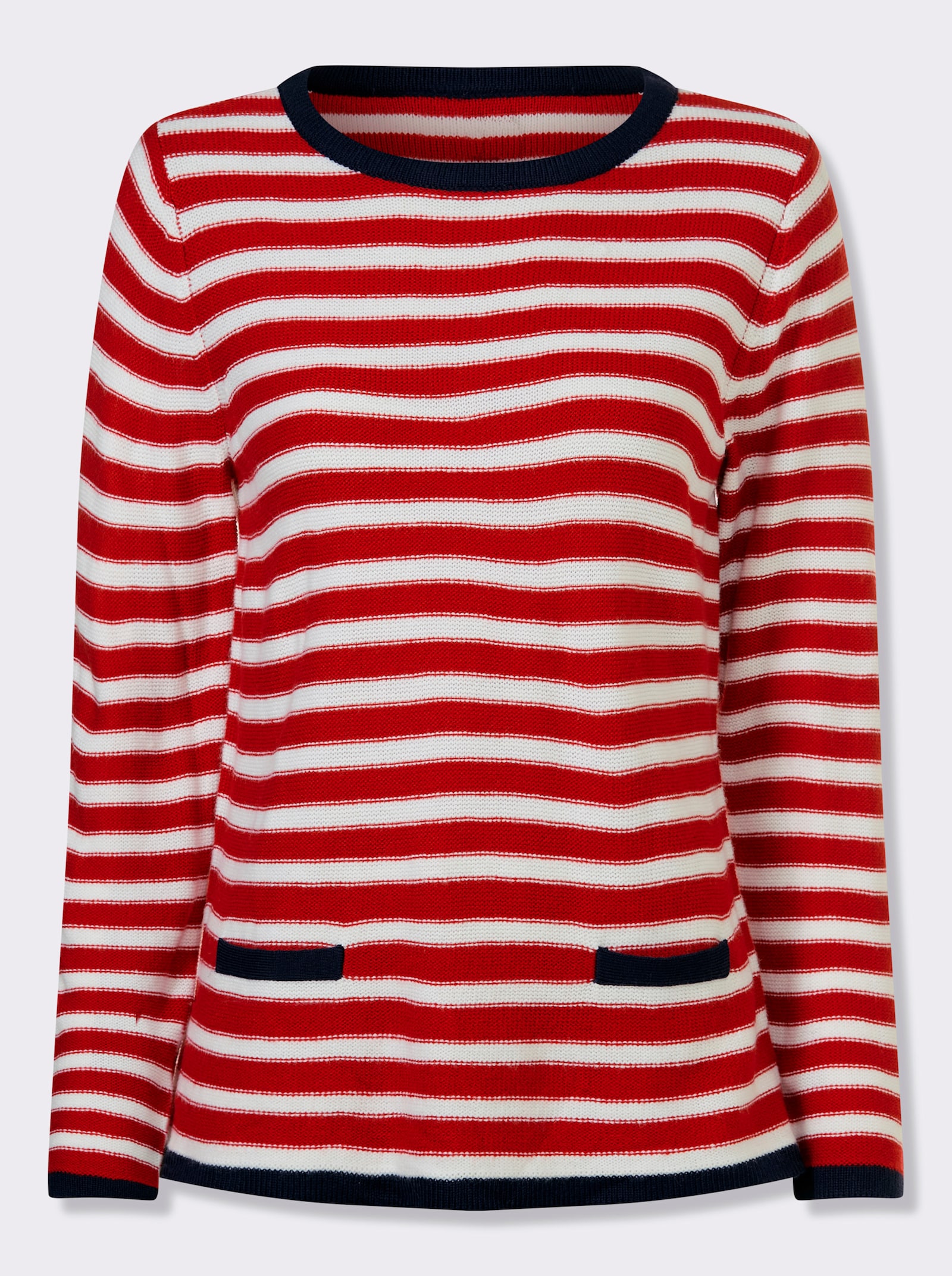 Rundhalspullover mit garngefärbtem Ringel - rot-weiß-geringelt