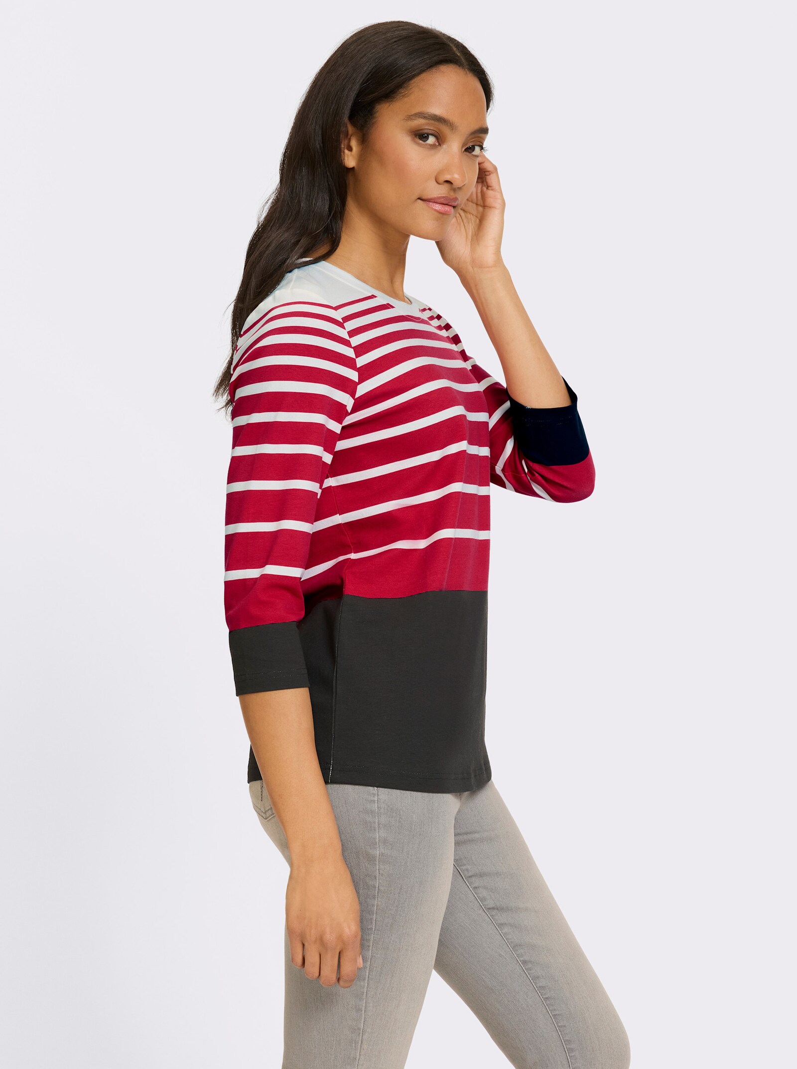 heine 3/4-Arm-Shirt mit Ringelmuster - schwarz-rot-bedruckt