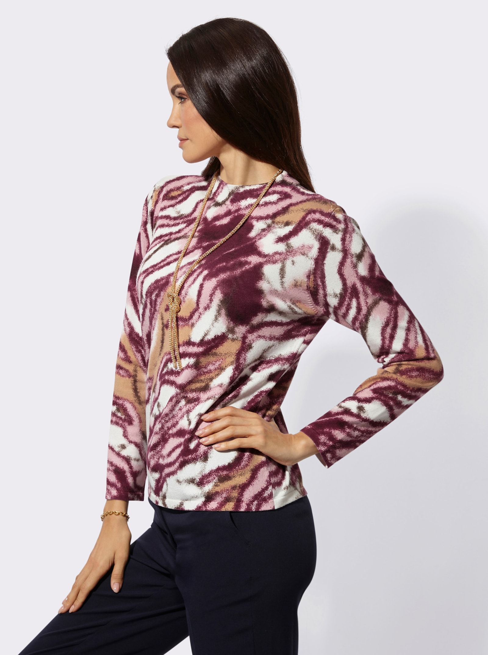 Langarm-Pullover mit Stehkragen - ecru-bordeaux-bedruckt