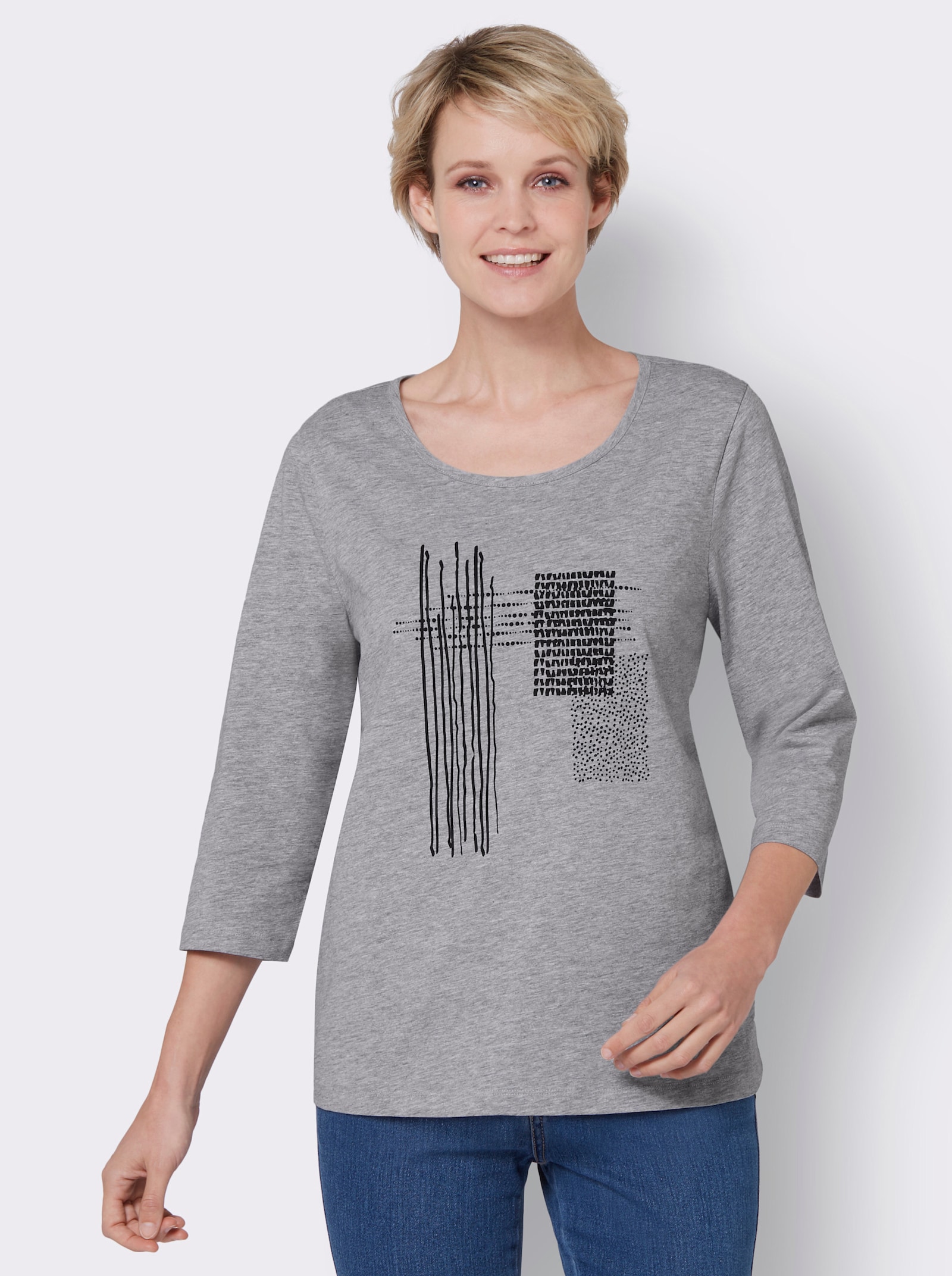 Shirt met 3/4-mouwen en grafische print - steengrijs/zwart gemêleerd