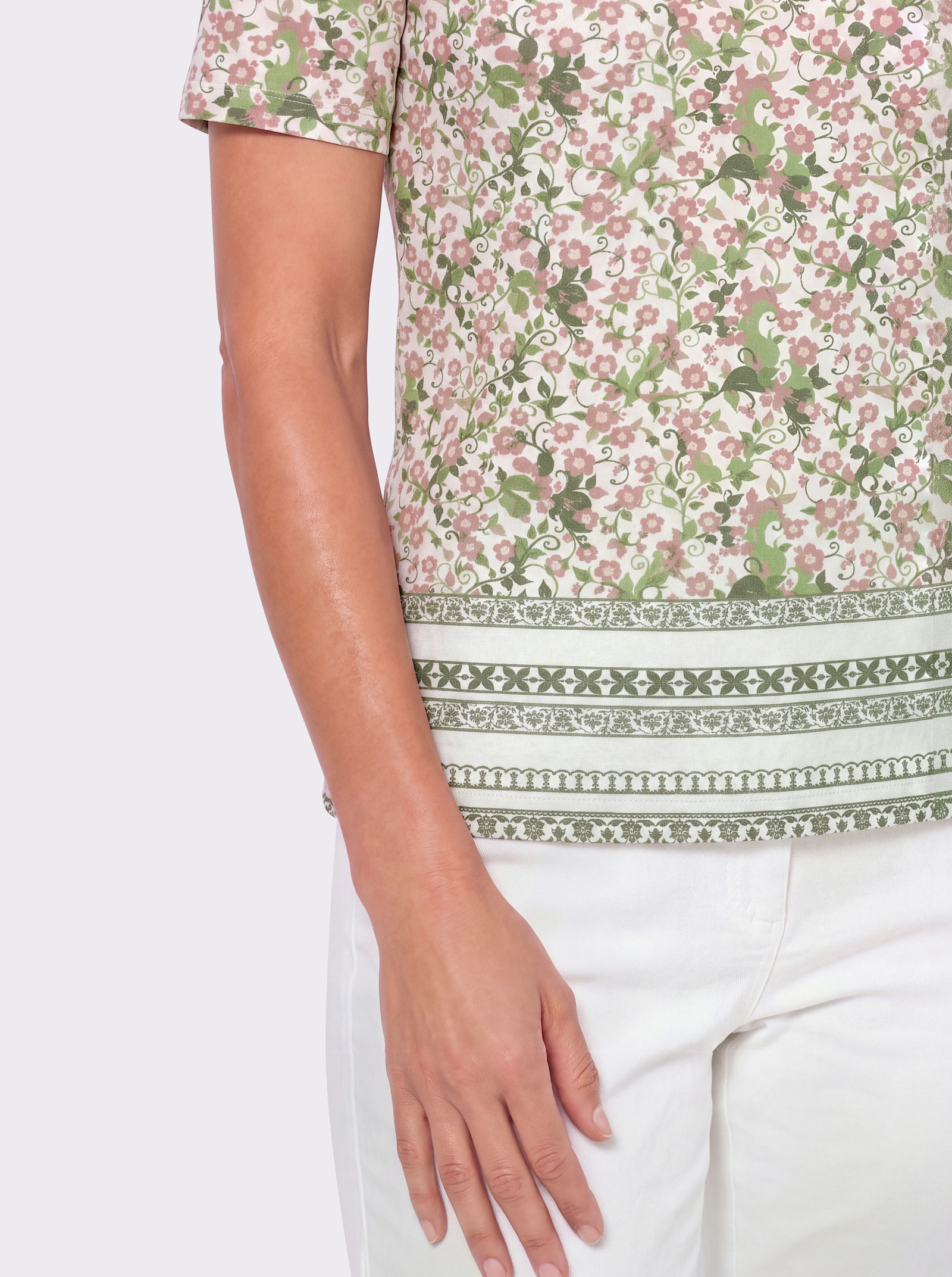 Kurzarmshirt mit Bordürenprint - khaki-hortensie-bedruckt