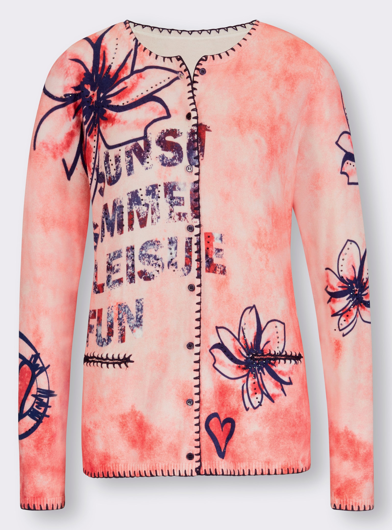 heine Feinstrickjacke mit Handstickerei - hummer-marine-bedruckt