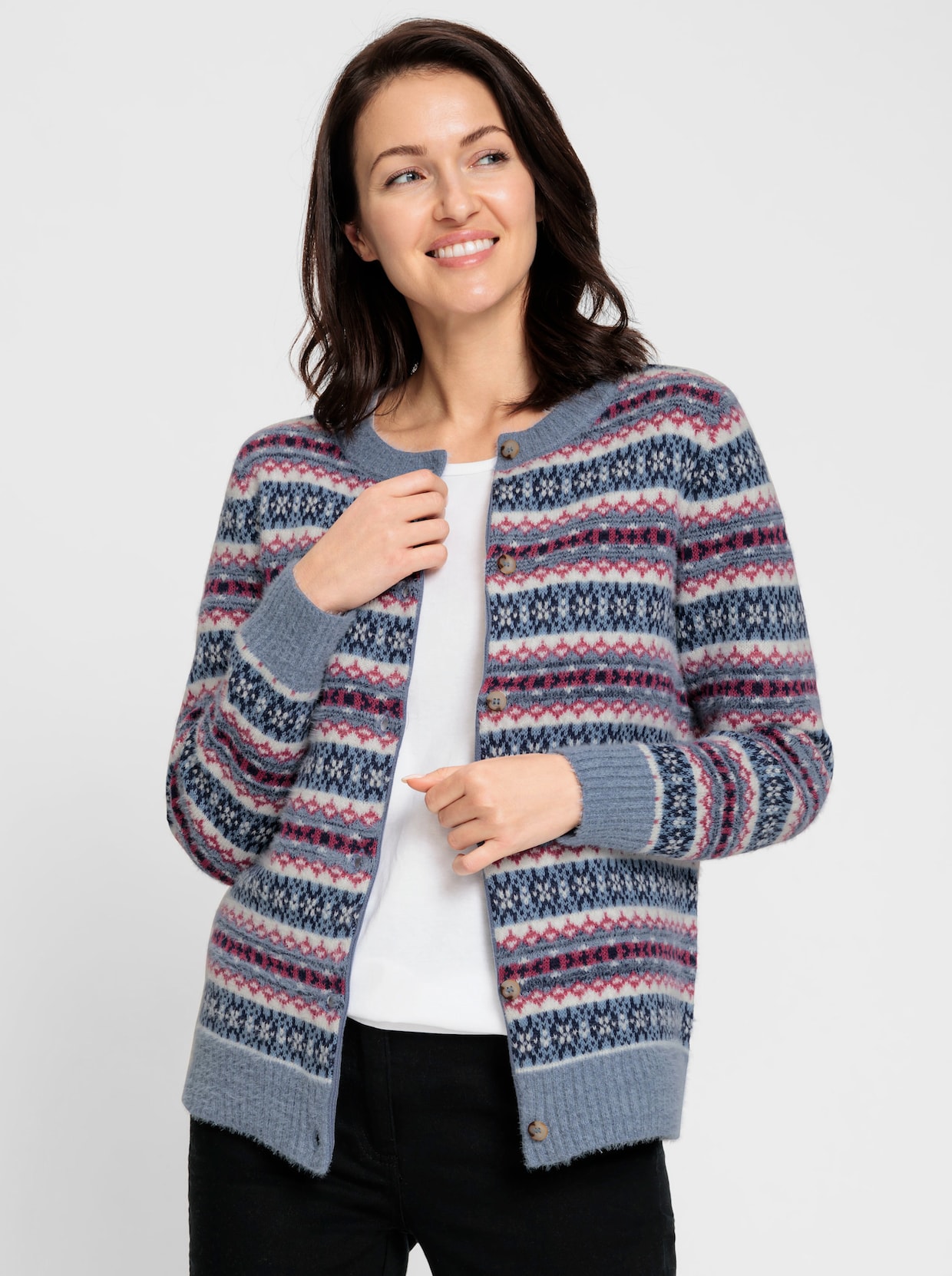 Jacquardstrickjacke - taubenblau-erika-gemustert