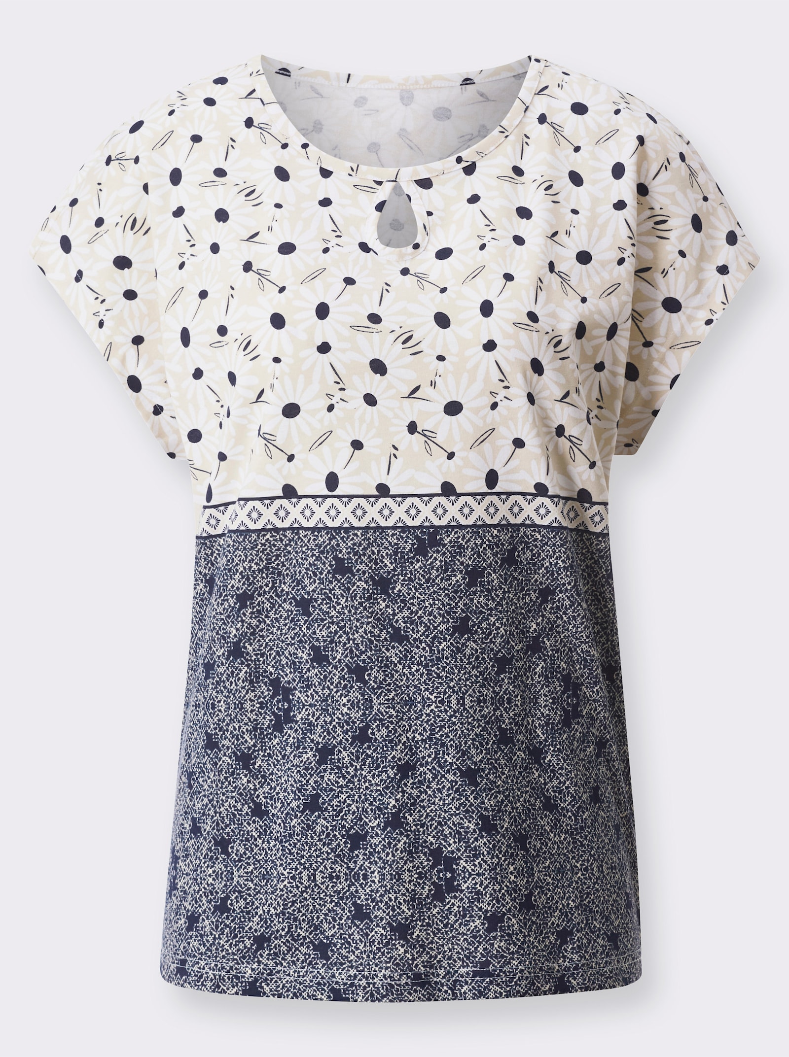 Kurzarmshirt mit Tropfen-Ausschnitt - weiß-marine-bedruckt