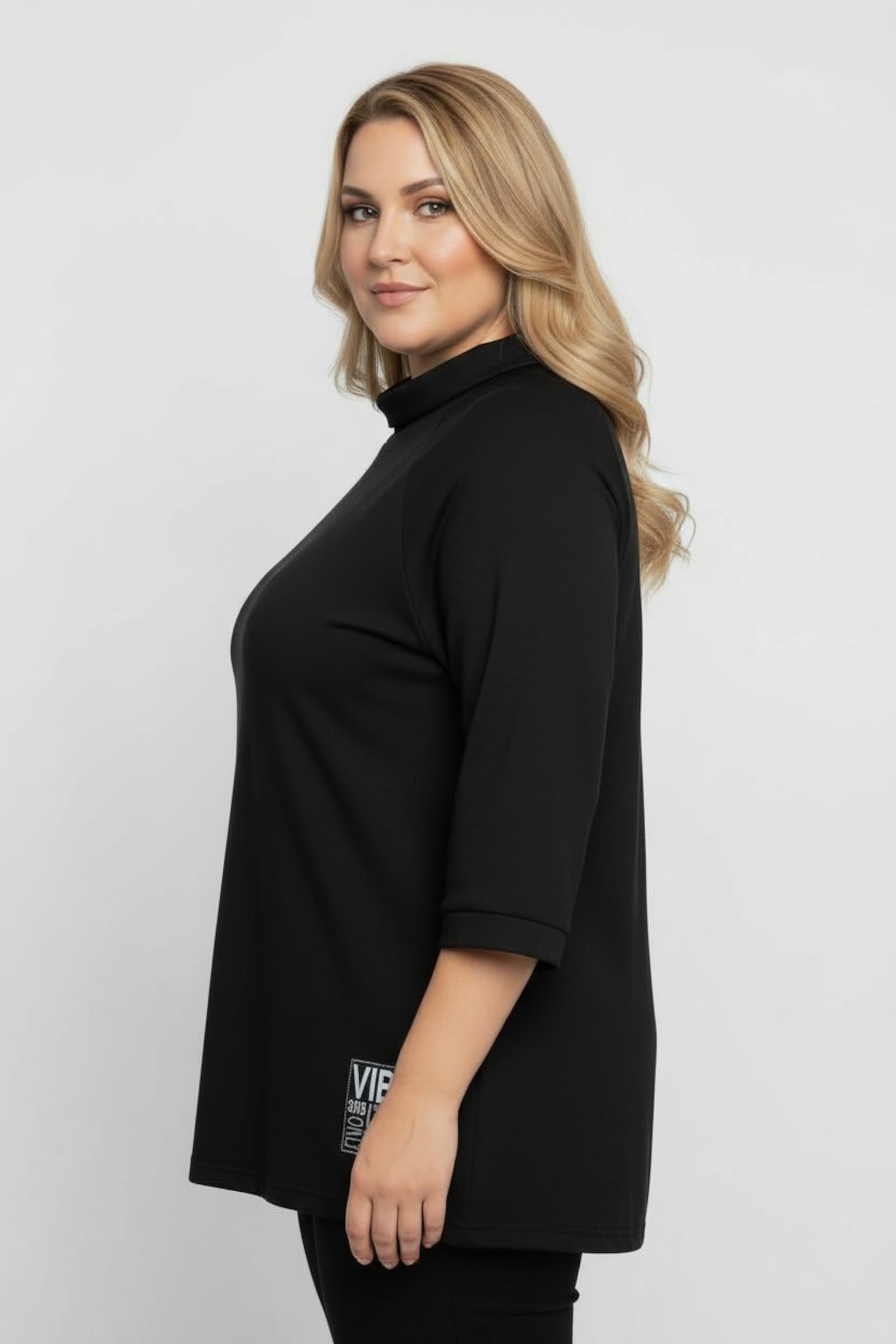 3/4-Arm-Shirt mit halsfernem Rollkragen - schwarz