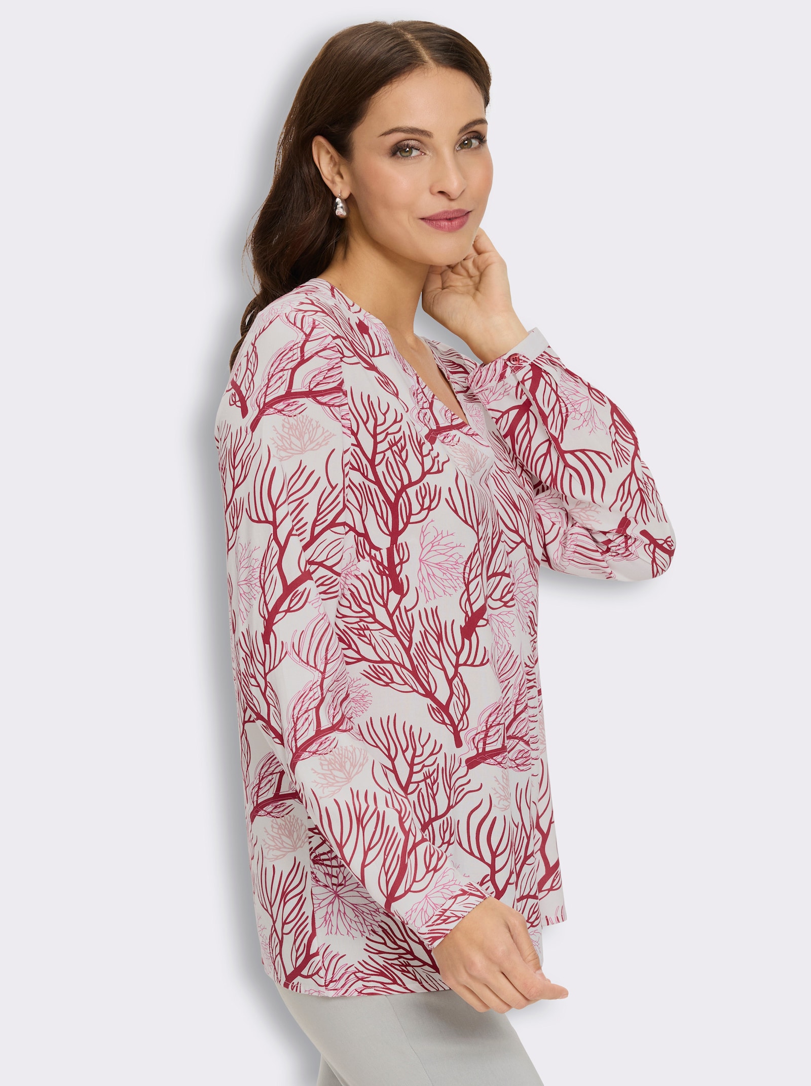 Druckbluse mit Korallenmotiven - ecru-rot-bedruckt