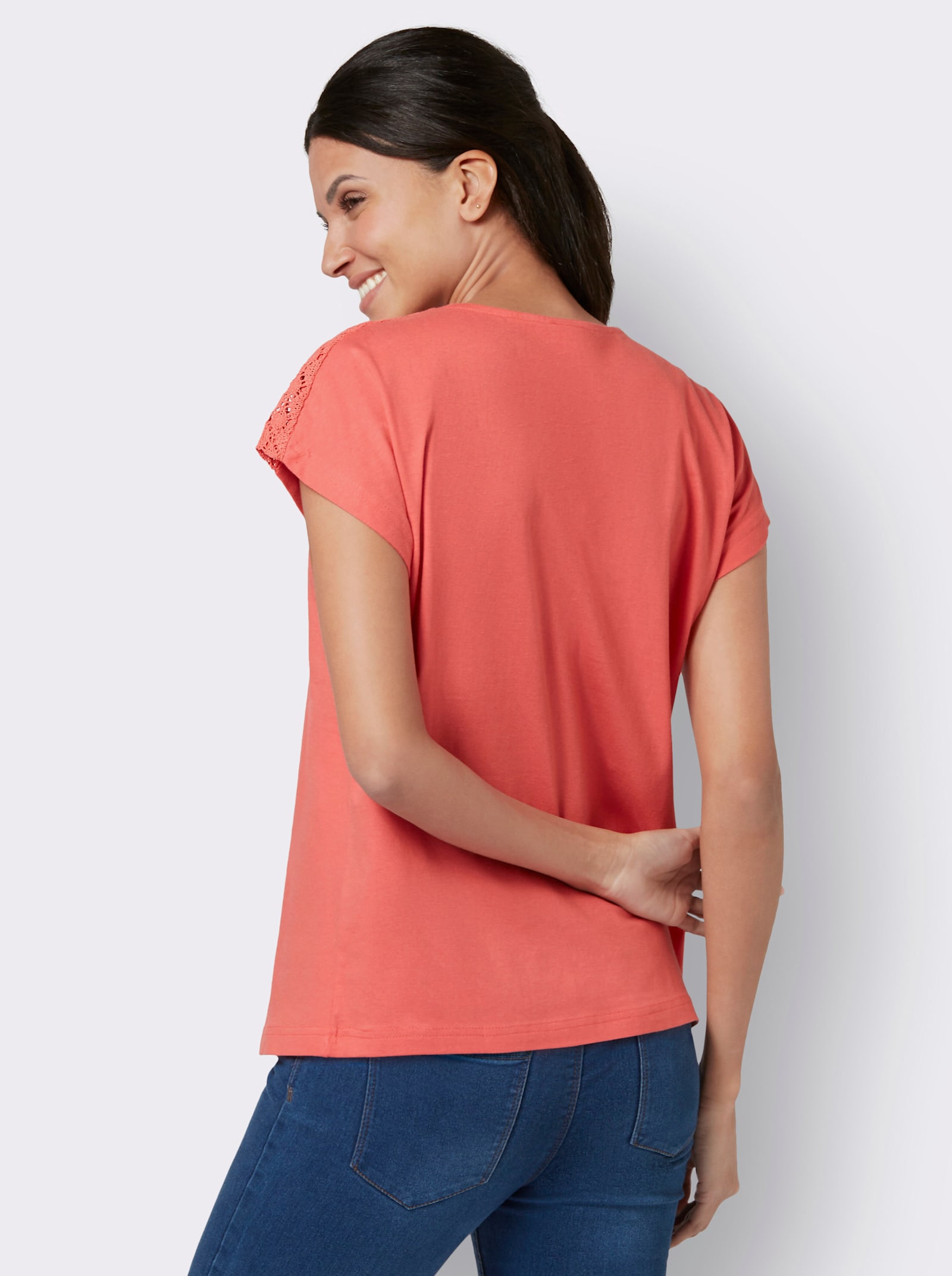 Shirt met korte mouwen en kant op de schouders - grapefruit
