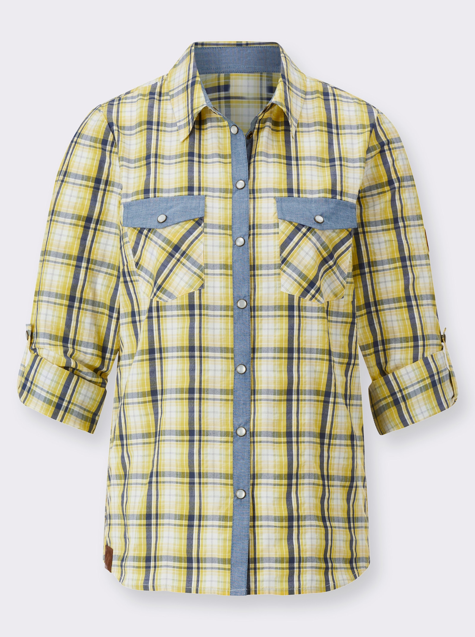 Karobluse mit aufgesetzten Brusttaschen - sonnengelb-weiß-kariert
