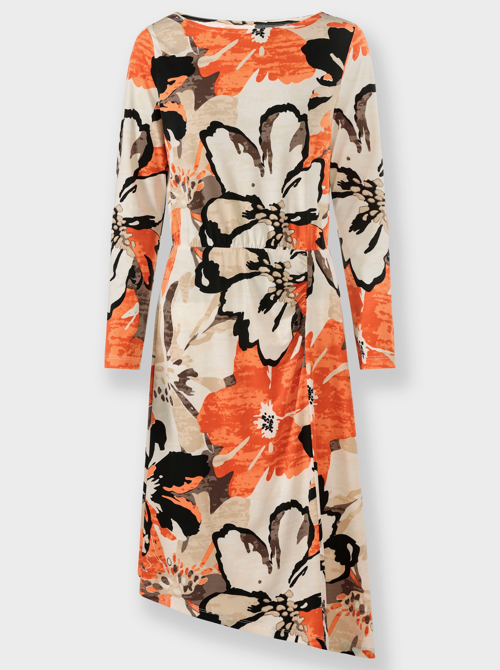 heine Druckkleid mit Gummizug in der Taille - orange-schwarz-bedruckt