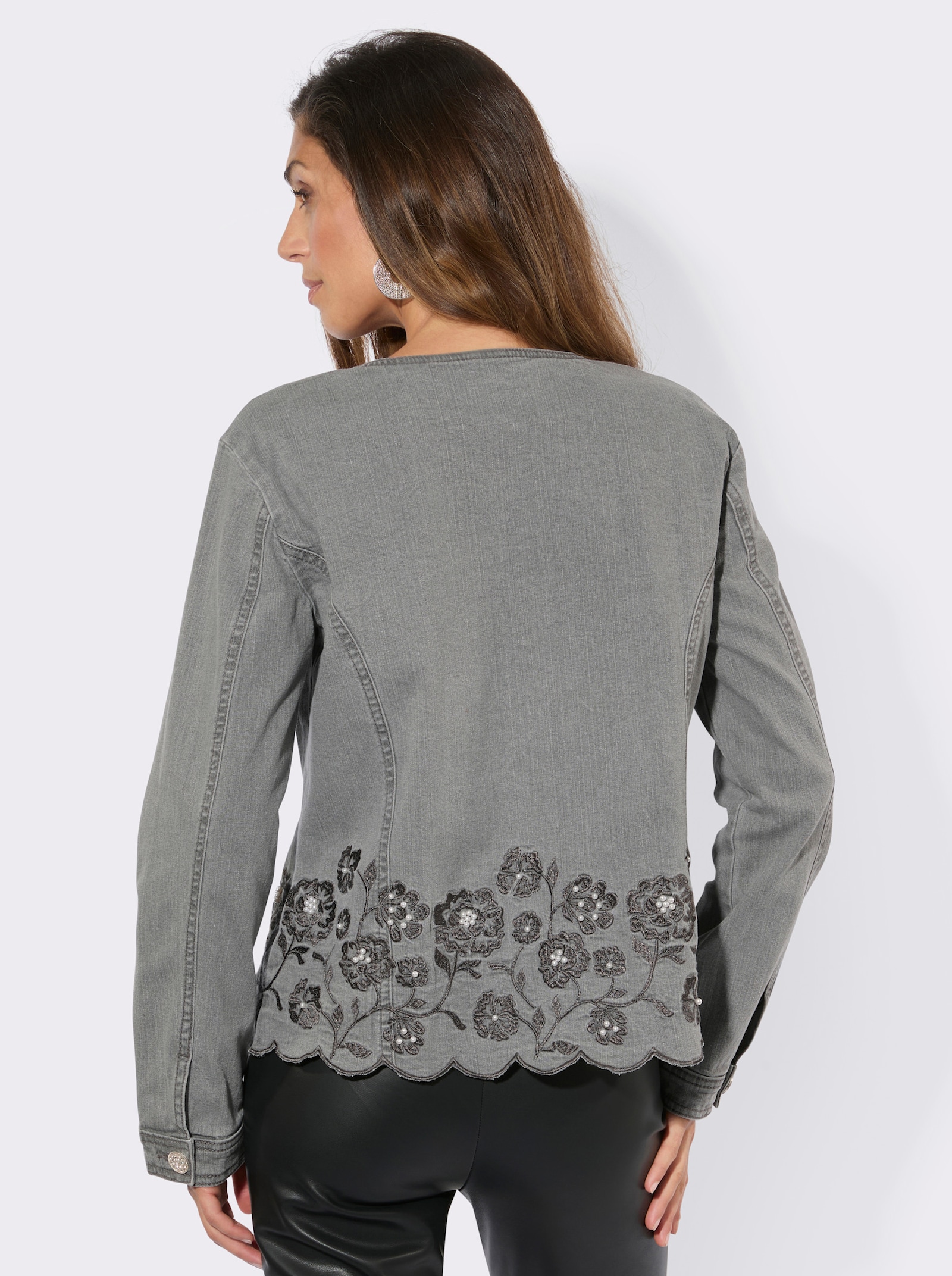 Jeansblazer mit Blütenstickerei - grey-denim