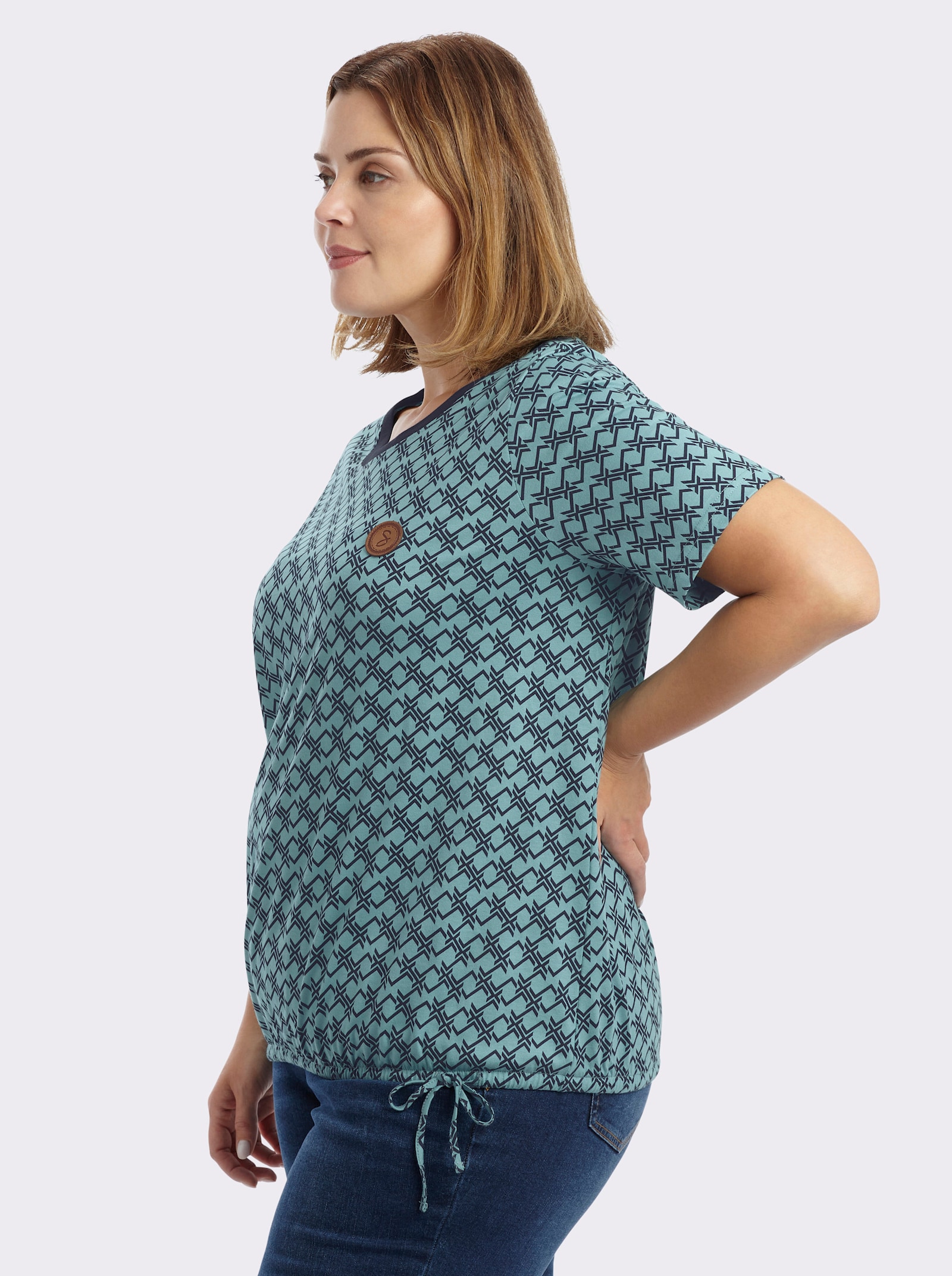 sheego Shirt mit Grafikprint und Gummizug am Saum - ozean-tiefblau-bedruckt