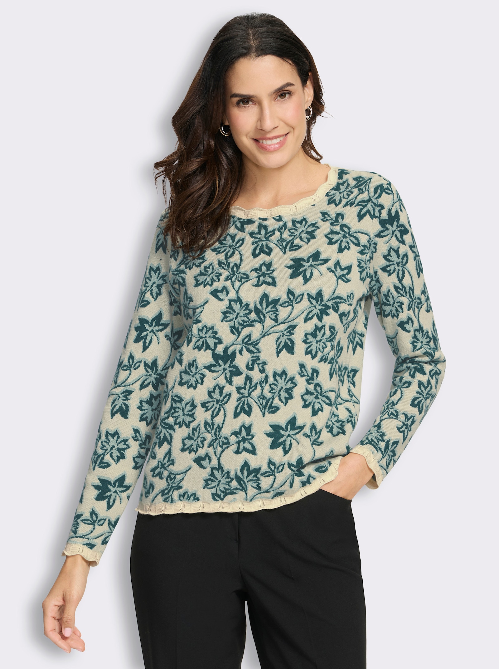 Jacquard-Pullover im Blätter-Dessin - champagner-petrol-gemustert