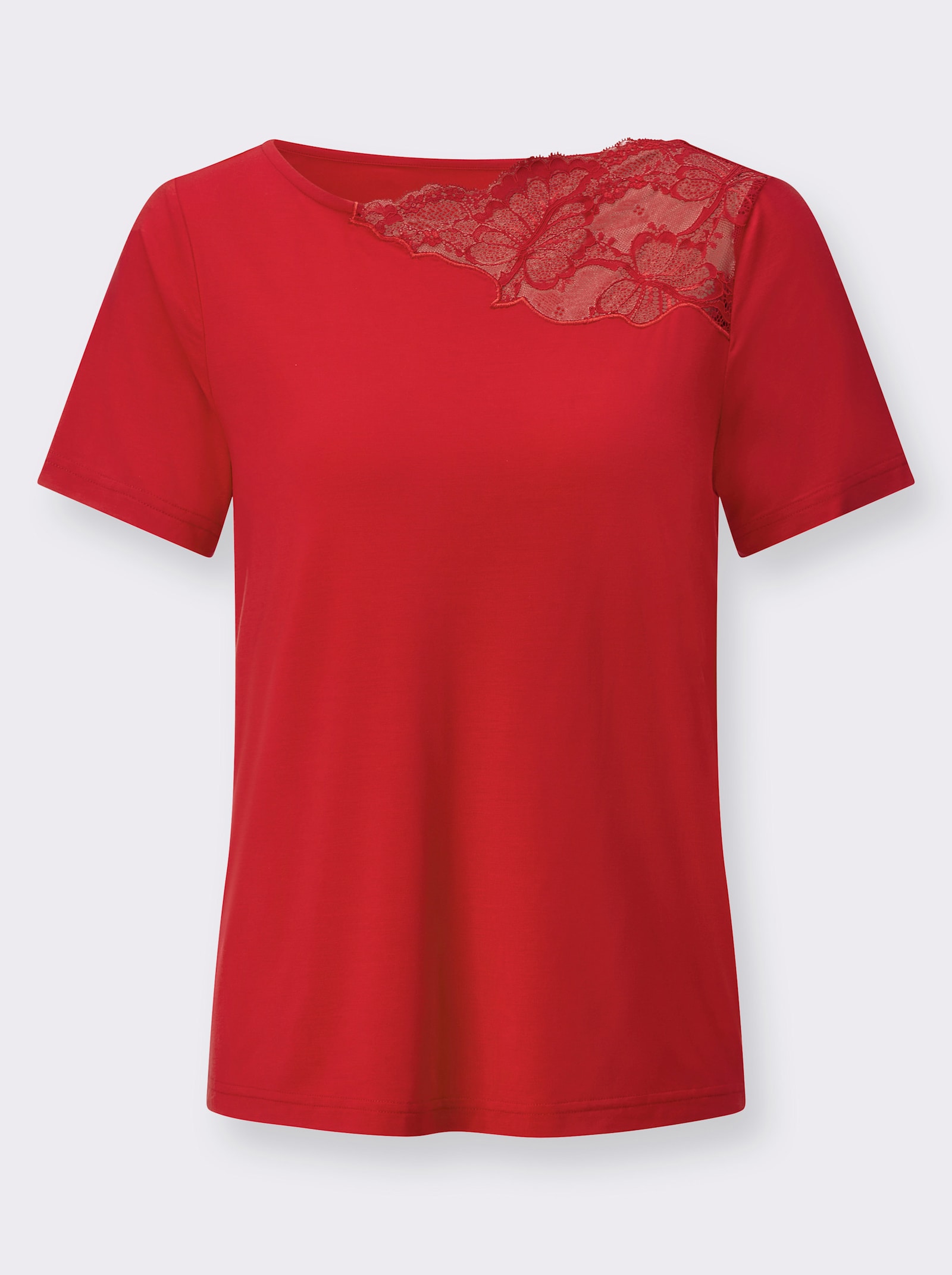  Kurzarmshirt mit asymmetrischem Spitzen-Einsatz - rot