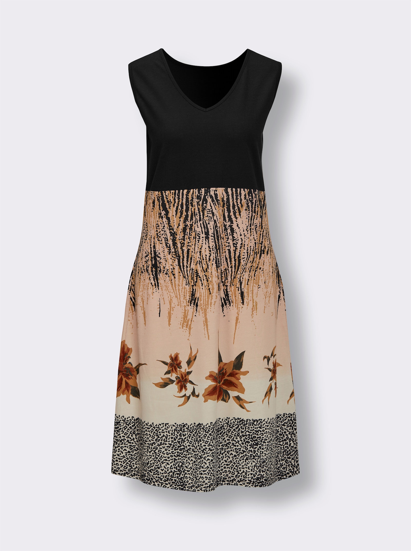 Sommerkleid mit V-Ausschnitt, bedruckt - schwarz-beige