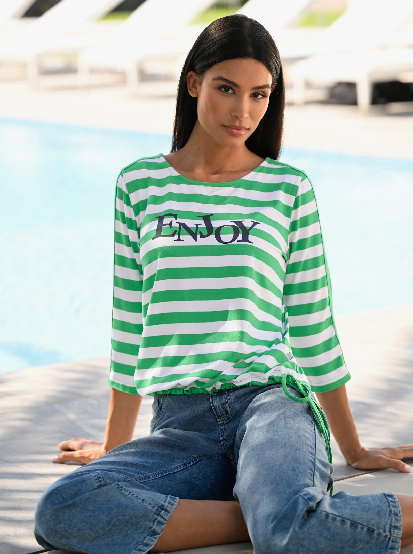 heine Ringelshirt mit Schriftzug - grasgrün-weiß-geringelt